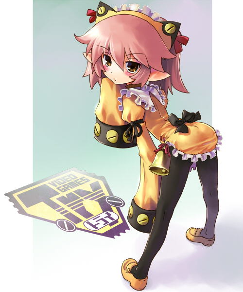 katahira masashi, original, ass, bell, bent over, blush, brown eyes, full body, long sleeves, pantyhose, red hair, solo, standing