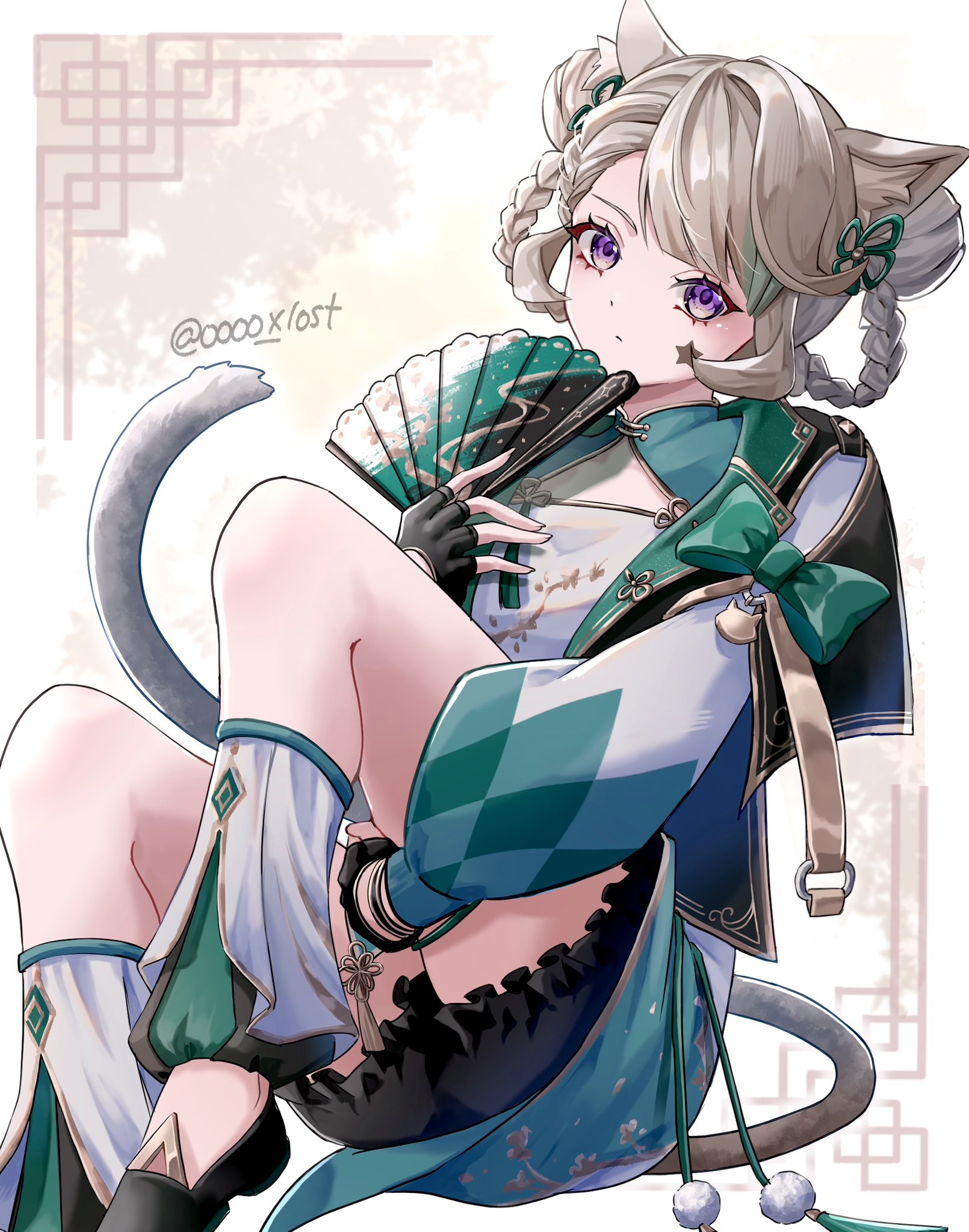 kuromuru, lynette (genshin impact), genshin impact, commentary, highres, 1girl, alternate costume, animal ear fluff, animal ears, black bloomers, black gloves, black shoes, bloomers, bow, braid, cat ears, cat girl, closed mouth, facial mark, fingerless gloves, fingernails, folding fan, gloves, green bow, grey hair, hand fan, hand on own leg, holding, holding fan, long sleeves, looking at viewer, purple eyes, shoes, sitting, solo, star (symbol), star facial mark, twitter username, underwear