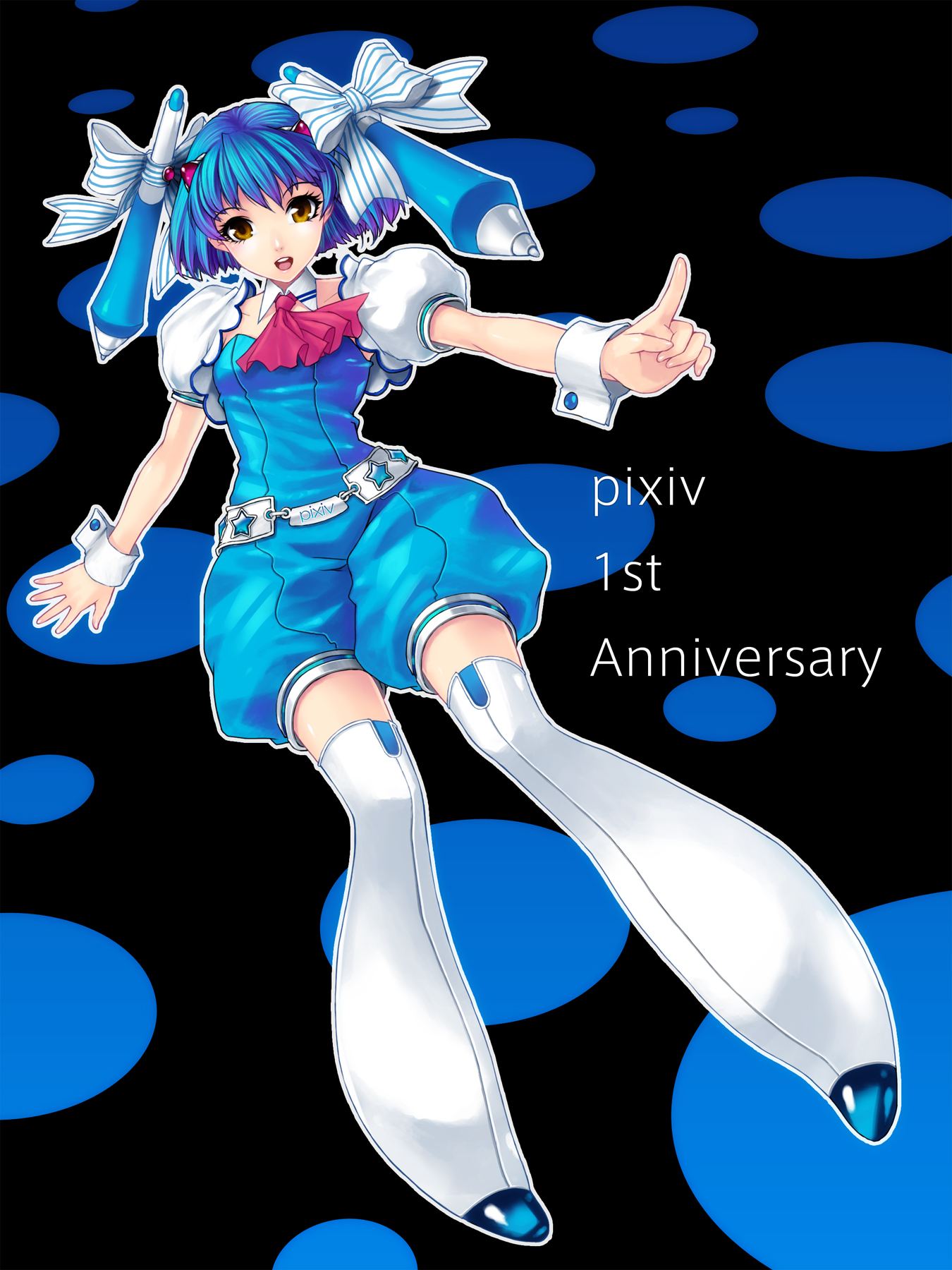 kunishige keiichi, pixiv-tan, pixiv, highres, blue hair, brown eyes, hair ornament, pen, short hair, solo, thighhighs, wrist cuffs