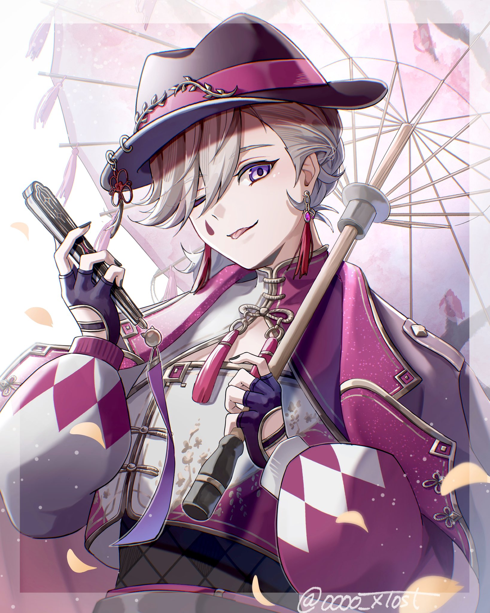 kuromuru, lyney (genshin impact), genshin impact, commentary, highres, 1boy, ;p, black gloves, black hat, earrings, fingerless gloves, folded fan, folding fan, gloves, grey hair, hair between eyes, hand fan, hands up, hat, holding, holding fan, holding umbrella, jewelry, long sleeves, looking at viewer, male focus, one eye closed, purple eyes, solo, tassel, tassel earrings, teardrop facial mark, tongue, tongue out, twitter username, umbrella