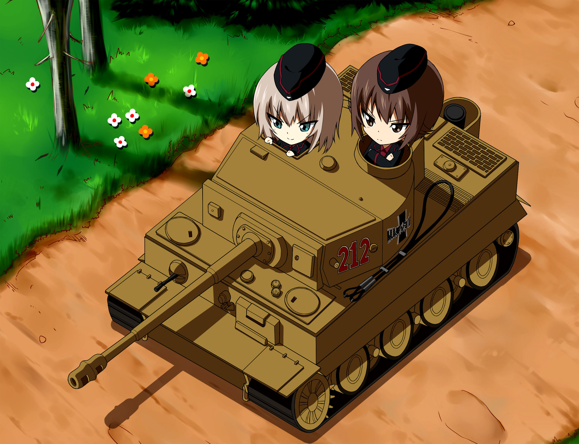 youmou usagi, itsumi erika, nishizumi maho, girls und panzer, highres, 2girls, black hat, black jacket, blue eyes, brown eyes, brown hair, cross, crossed arms, enter enter mission!, garrison cap, grass, grey hair, hat, iron cross, jacket, kuromorimine military uniform, long hair, military, military hat, military jacket, military uniform, military vehicle, motor vehicle, multiple girls, red shirt, shirt, smile, tank, tiger i