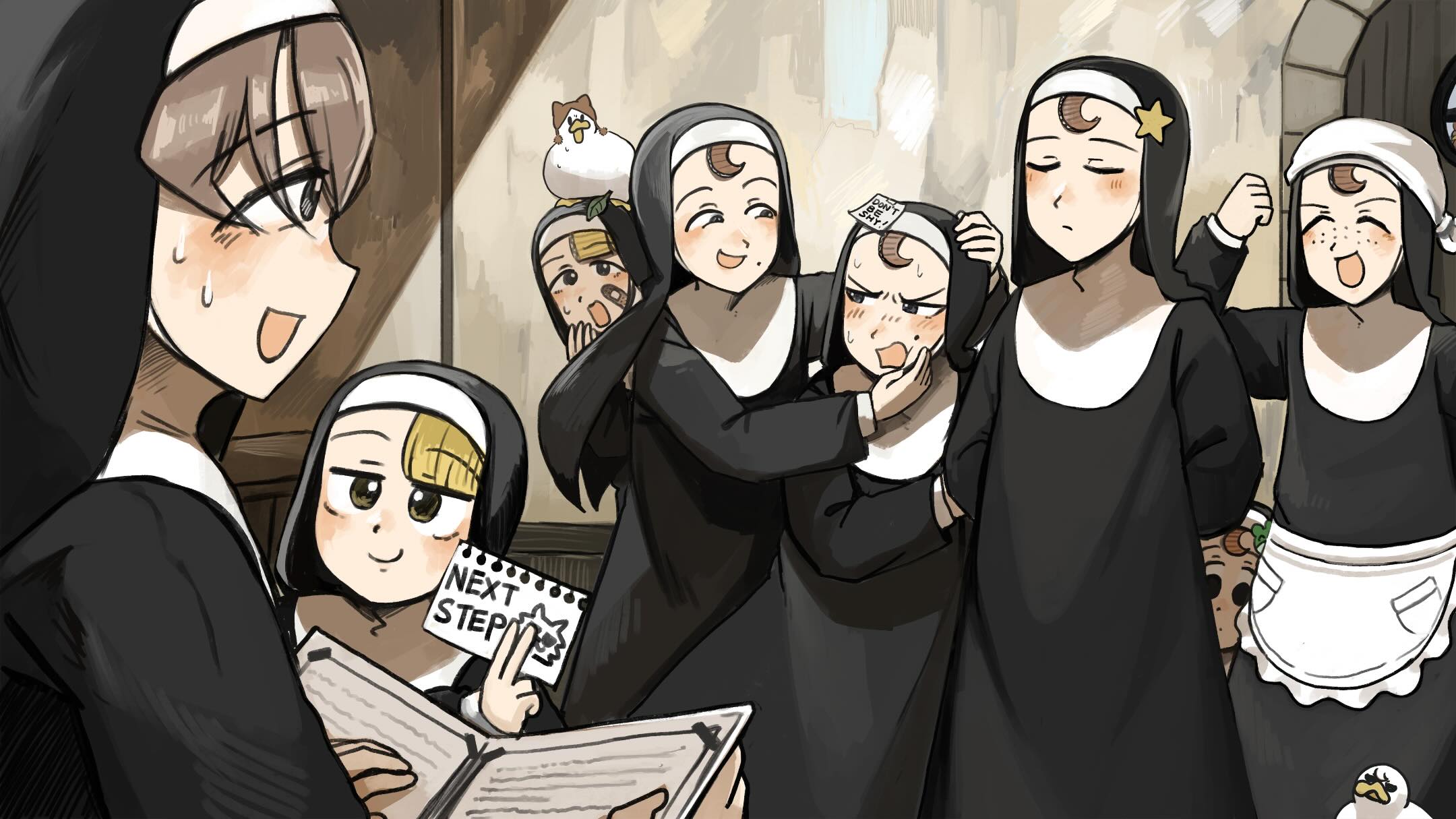 diva (hyxpk), bunny nun (diva), freckles nun (diva), froggy nun (diva), leaf nun (diva), shy nun (diva), smug nun (diva), spicy nun (diva), star nun (diva), strict nun (diva), little nuns (diva), commentary, english commentary, highres, 6+girls, :d, :o, apron, bandaid, bandaid on face, bird, black eyes, blonde hair, blue eyes, brown hair, cardboard, chicken, closed eyes, cosplay, duck, duck on head, fake hair, freckles, froggy nun (diva) (cosplay), leaf, leaf on head, mole, mole on cheek, mole under mouth, multiple girls, nun, open mouth, smile, spicy nun (diva) (cosplay), star ornament, sweat, traditional nun, waist apron, yellow eyes