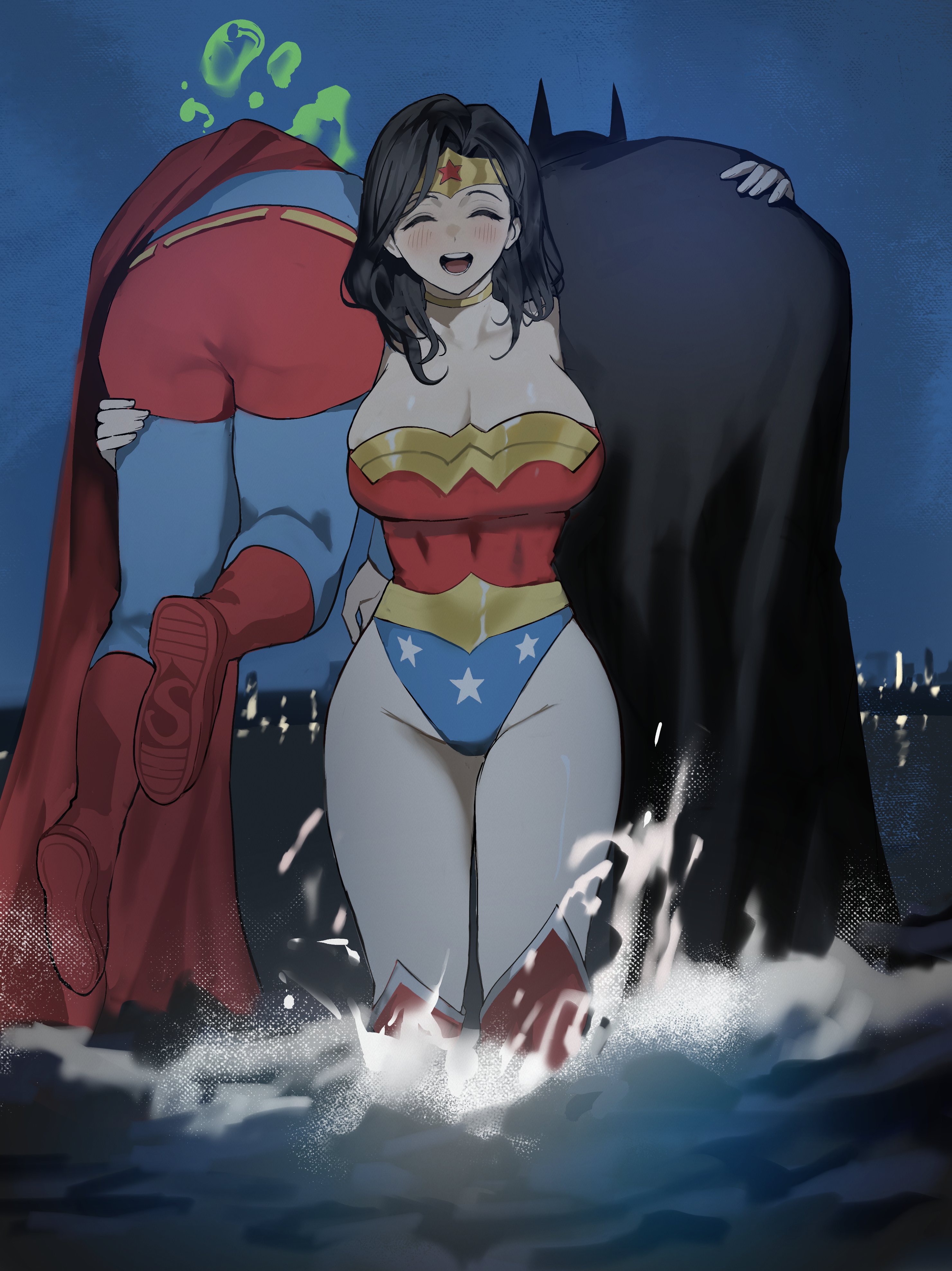 park ongjol, batman, batman (series), dc comics, superman (series), wonder woman (series), absurdres, commentary, english commentary, highres, 1girl, 2boys, breasts, cape, carrying over shoulder, closed eyes, large breasts, multiple boys, smile