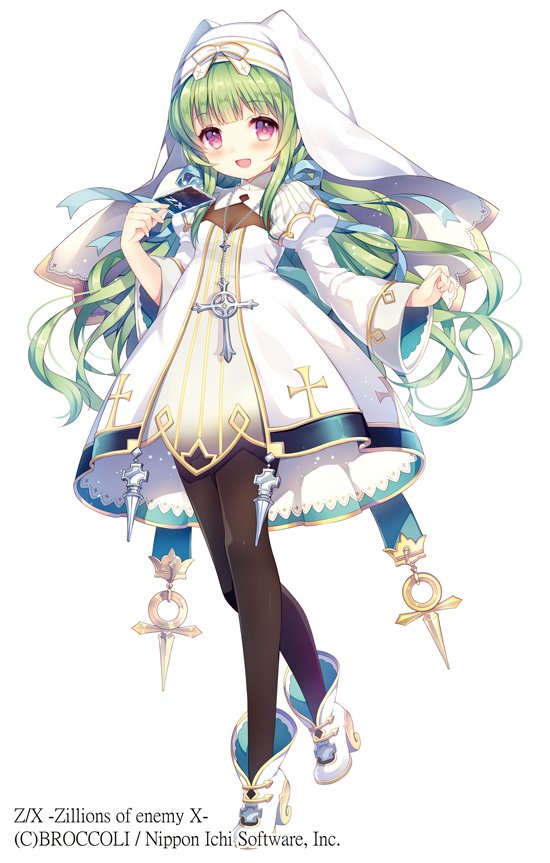 wasabi (sekai), z/x, official art, 1girl, animal ear headwear, aqua ribbon, black pantyhose, breasts, card, copyright notice, dress, fake animal ears, full body, gold trim, green hair, hair ribbon, holding, holding card, jewelry, long hair, necklace, nun, open mouth, pantyhose, pink eyes, ribbon, see-through cleavage, see-through clothes, shitorii nina, shoes, small breasts, solo, trading card, veil, white background, white dress, white shoes