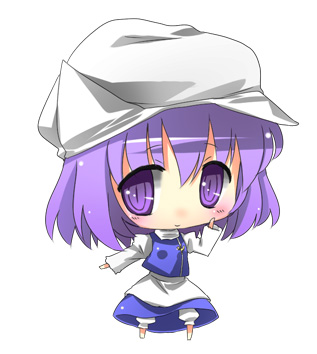 subachi, letty whiterock, touhou, bad id, bad pixiv id, lowres, 1girl, chibi, female focus, full body, hat, purple hair, short hair, simple background, solo, standing, white background