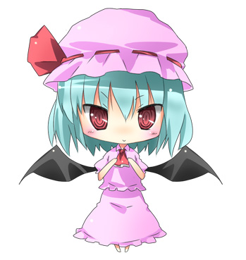 subachi, remilia scarlet, touhou, bad id, bad pixiv id, lowres, 1girl, aqua hair, blush, chibi, female focus, full body, hat, ribbon, short hair, simple background, skirt, solo, white background, wings