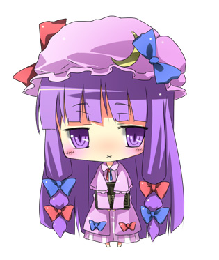 subachi, patchouli knowledge, touhou, bad id, bad pixiv id, lowres, 1girl, blush, book, bow, chibi, female focus, hat, holding, holding book, hugging book, hugging object, long hair, pink bow, purple hair, ribbon, solo, x mouth