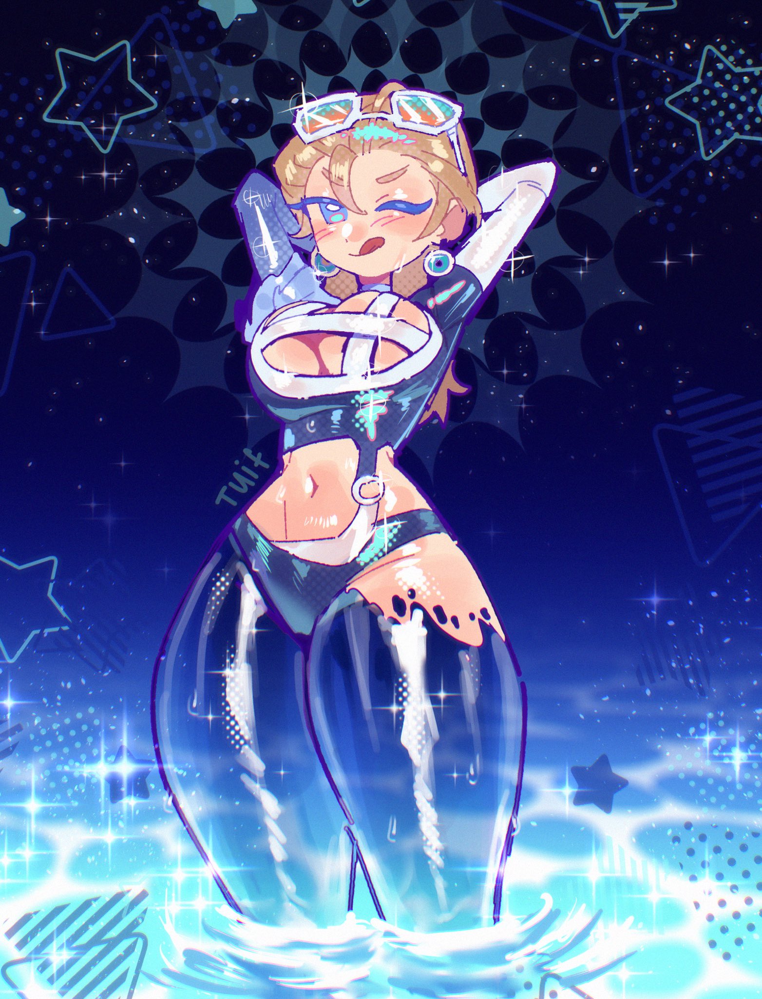 tuiffff, sue storm, sue storm (azure shade), fantastic four, marvel, marvel rivals, highres, 1girl, belly, blonde hair, blue eyes, blush, breasts, cleavage, cleavage cutout, clothing cutout, earrings, eyewear on head, jewelry, large breasts, long hair, looking at viewer, navel, official alternate costume, one-piece swimsuit, partially invisible, smile, solo, sunglasses, swimsuit, thighs