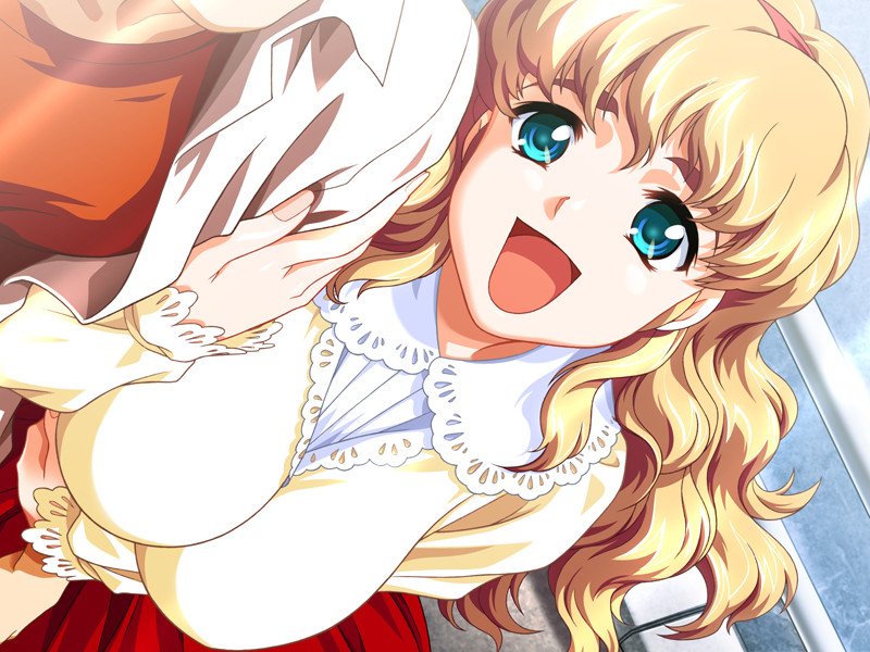 houtani yukitoshi, fukurai naho, reversible, game cg, non-web source, 1boy, 1girl, arm hug, blonde hair, breasts, dutch angle, fingernails, green eyes, happy, large breasts, long hair, open mouth, smile, thick eyebrows