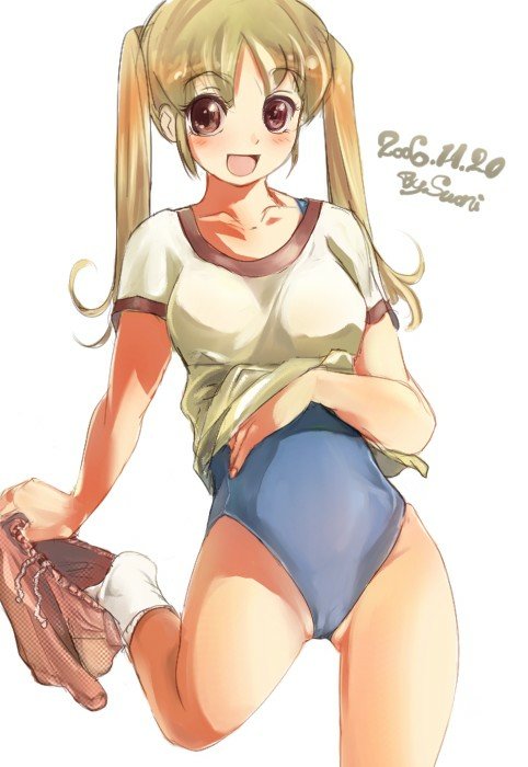 suoni (deeperocean), blonde hair, blush, brown eyes, buruma, gym uniform, long hair, no pants, one-piece swimsuit, school swimsuit, solo, swimsuit, swimsuit under clothes, twintails, undressing