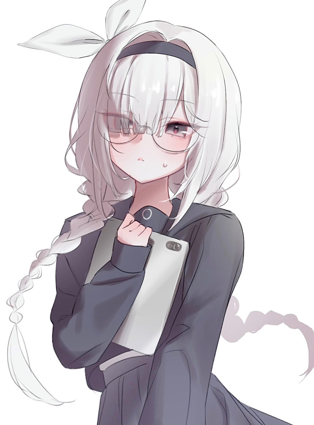 0219 142, plana (blue archive), blue archive, commentary, highres, 1girl, :c, black eyes, black hairband, black sailor collar, black serafuku, bow, braid, bright pupils, cowboy shot, eyelashes, eyes visible through hair, glasses, hair between eyes, hair bow, hair intakes, hairband, ipad, light blush, long hair, long sleeves, pleated skirt, red pupils, round eyewear, sailor collar, school uniform, serafuku, sidelighting, simple background, skirt, solo, sweatdrop, tablet pc, twin braids, upper body, white background, white bow, white hair, white sleeves