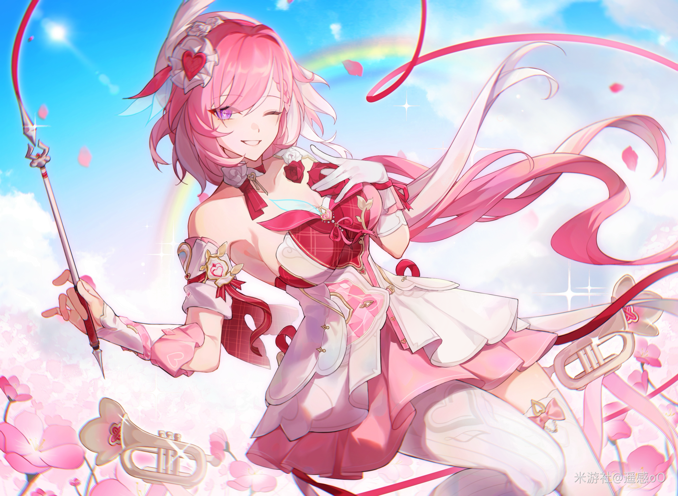 haruka (rsyaooooo), elysia (hi love elf) (honkai impact), elysia (honkai impact), honkai (series), honkai impact 3rd, chinese commentary, commentary request, highres, 1girl, ;), beret, blue sky, breasts, diamond-shaped pupils, diamond (shape), dress, gloves, hat, holding, holding wand, instrument, large breasts, long hair, miyoushe watermark, multicolored hair, one eye closed, outdoors, pantyhose, pink dress, pink hair, purple eyes, rainbow, single glove, single leg pantyhose, single thighhigh, sky, smile, solo, symbol-shaped pupils, thighhighs, trumpet, two-tone dress, two-tone hair, very long hair, wand, watermark, white dress, white gloves, white hair, white pantyhose, white thighhighs