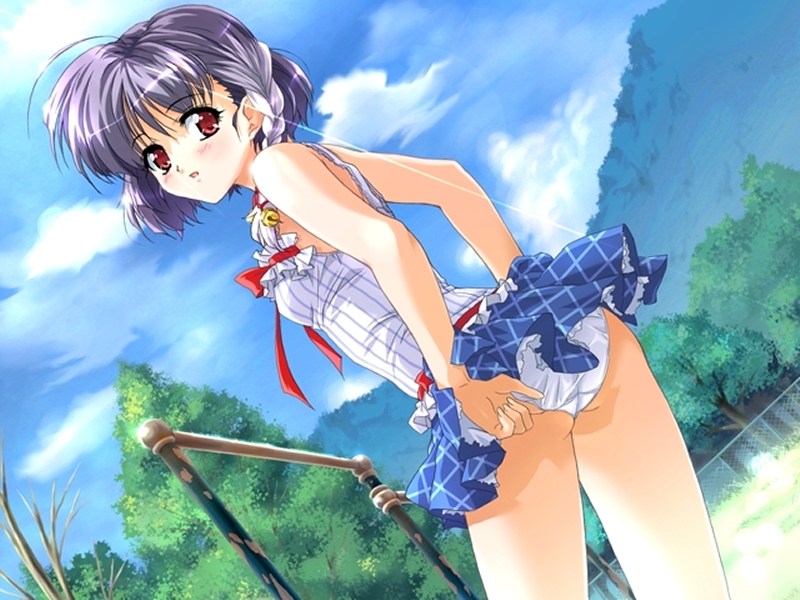 mame sensha, mimori sumika, kuro yori mo kurai ao, game cg, non-web source, 1girl, ass, blue hair, braid, dutch angle, embarrassed, female focus, from behind, looking back, panties, pantyshot, red eyes, short hair, solo, standing, underwear