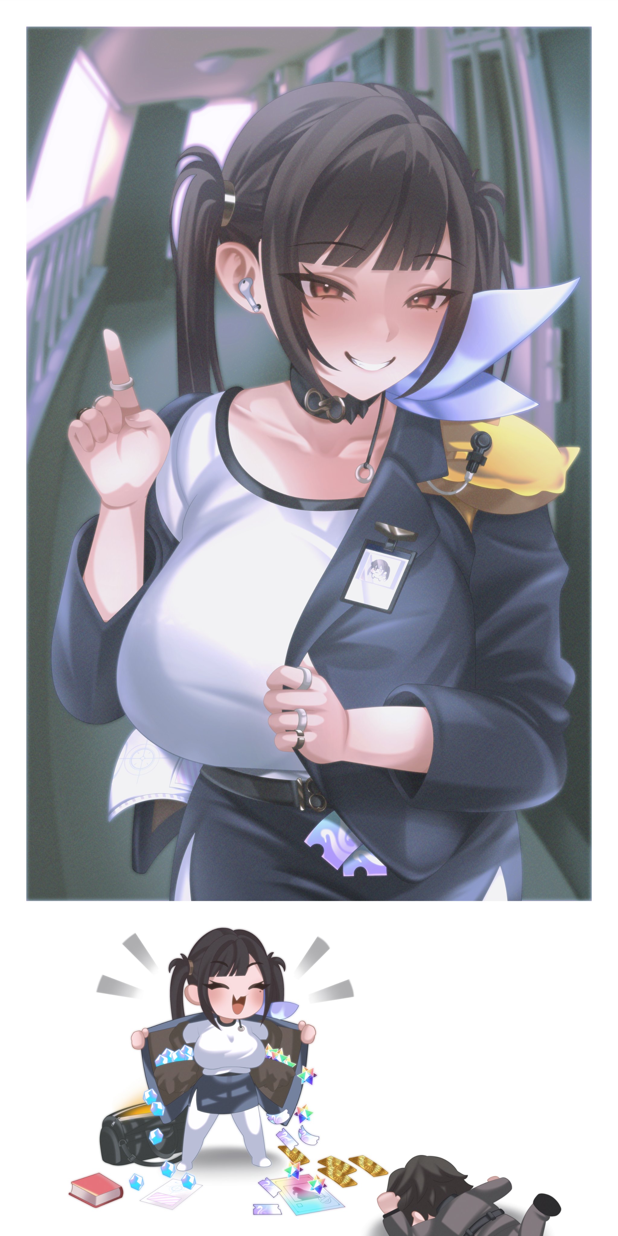 commander (nikke), sora (nikke), goddess of victory: nikke, absurdres, highres, 1boy, 1girl, bag, black choker, black hair, blush, breasts, choker, contraband, curvy, duffel bag, gacha (game mechanic), jacket, large breasts, long hair, looking at viewer, open clothes, open jacket, open mouth, opened by self, ou ya, over the horizon (nikke), pantyhose, pyroxene (blue archive), recruitment bag (arknights), red eyes, saint quartz (fate), shirt, single earphone, smile, stellated octahedron, summon ticket (fate), thick thighs, thighs, twintails, white shirt, wireless earphones