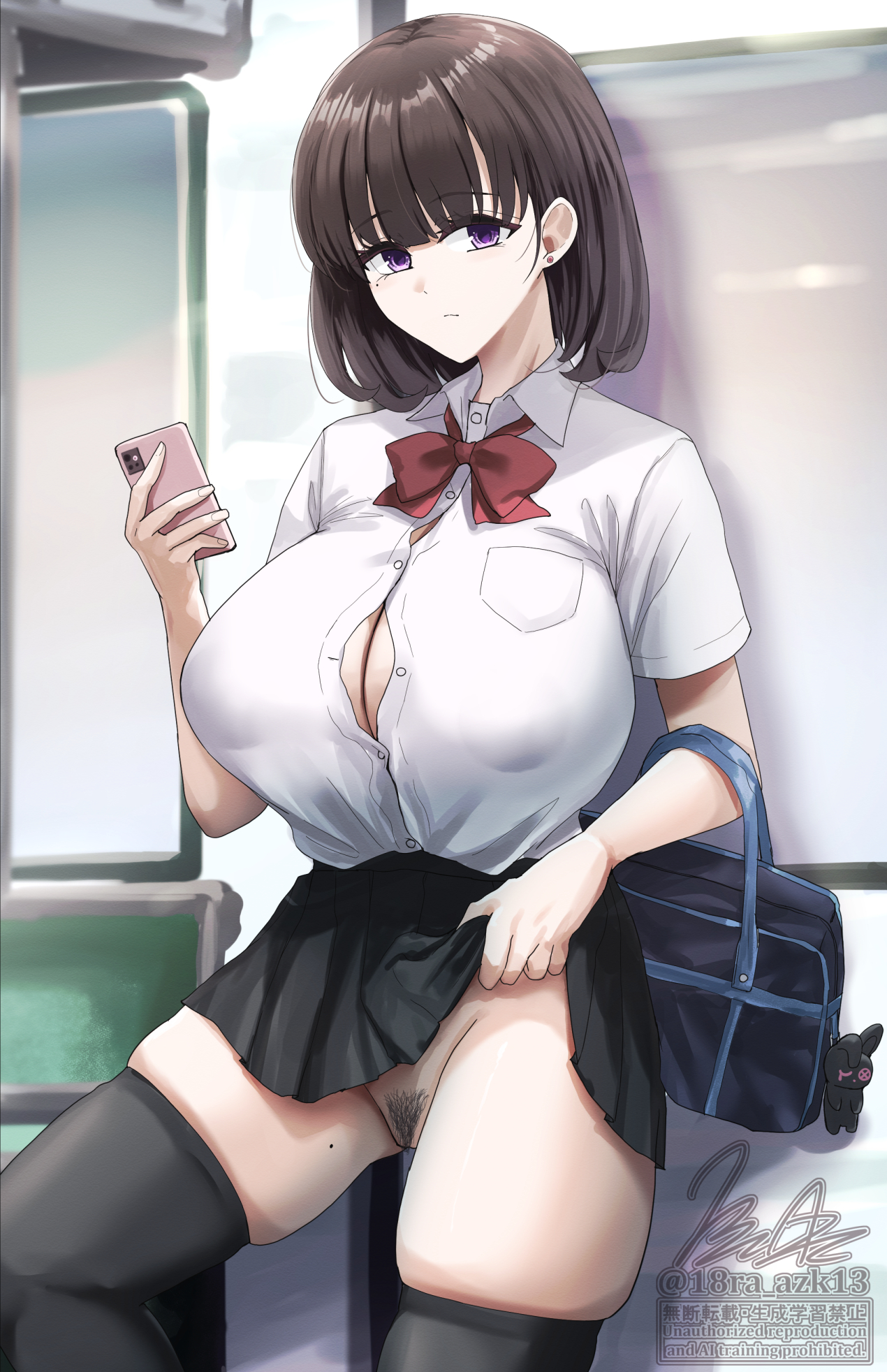 ibara azuki, original, 1girl, bag, black hair, black skirt, black thighhighs, bob cut, bow, breasts, button gap, cellphone, cleavage, clothes lift, earrings, female pubic hair, flashing, holding, holding phone, huge breasts, jewelry, medium hair, mole, mole on thigh, no panties, partially unbuttoned, phone, pubic hair, purple eyes, pussy, rabbit ornament, red bow, school bag, school uniform, shirt, skindentation, skirt, skirt lift, smartphone, solo, standing, thighhighs, train interior, twitter username, watermark, white shirt