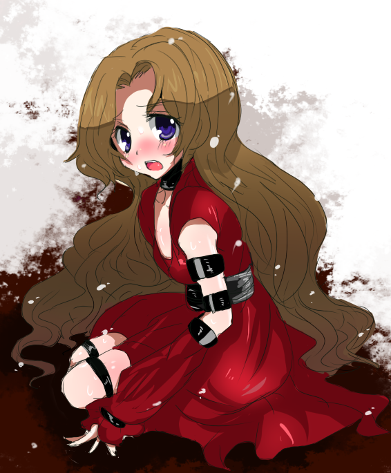 nunnally vi britannia, code geass, 00s, 1girl, :o, armlet, bare shoulders, blue eyes, blush, breasts, brown hair, cleavage, collarbone, dress, female focus, from behind, jewelry, looking back, open mouth, red dress, small breasts, solo, thigh strap