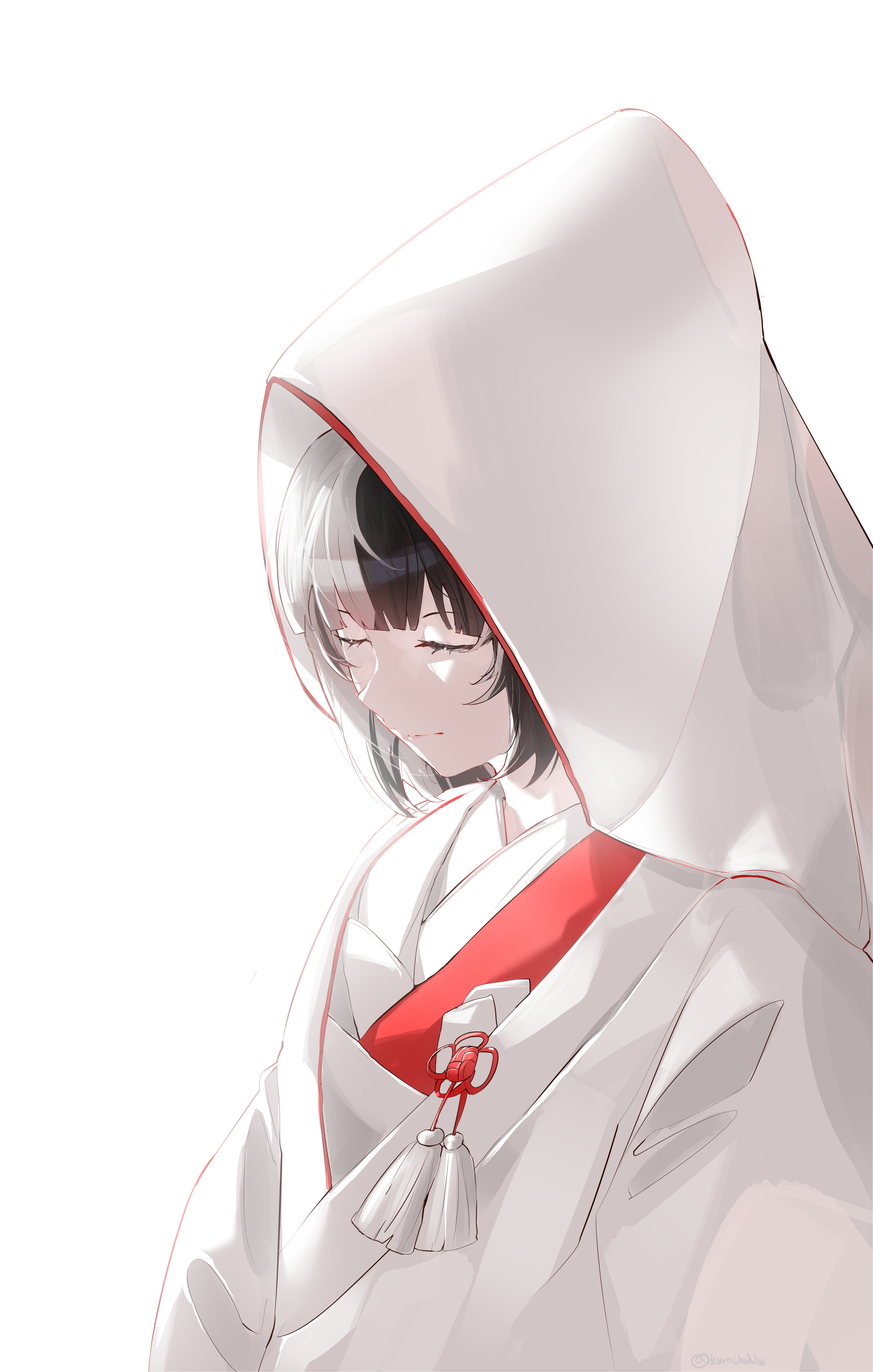 kurochanai, shiori novella, hololive, hololive english, absurdres, commentary, english commentary, highres, 1girl, alternate costume, black hair, closed eyes, closed mouth, from side, grey hair, japanese clothes, kimono, multicolored hair, shiromuku, short hair, simple background, solo, split-color hair, two-tone hair, uchikake, upper body, virtual youtuber, wataboushi, white background, white kimono