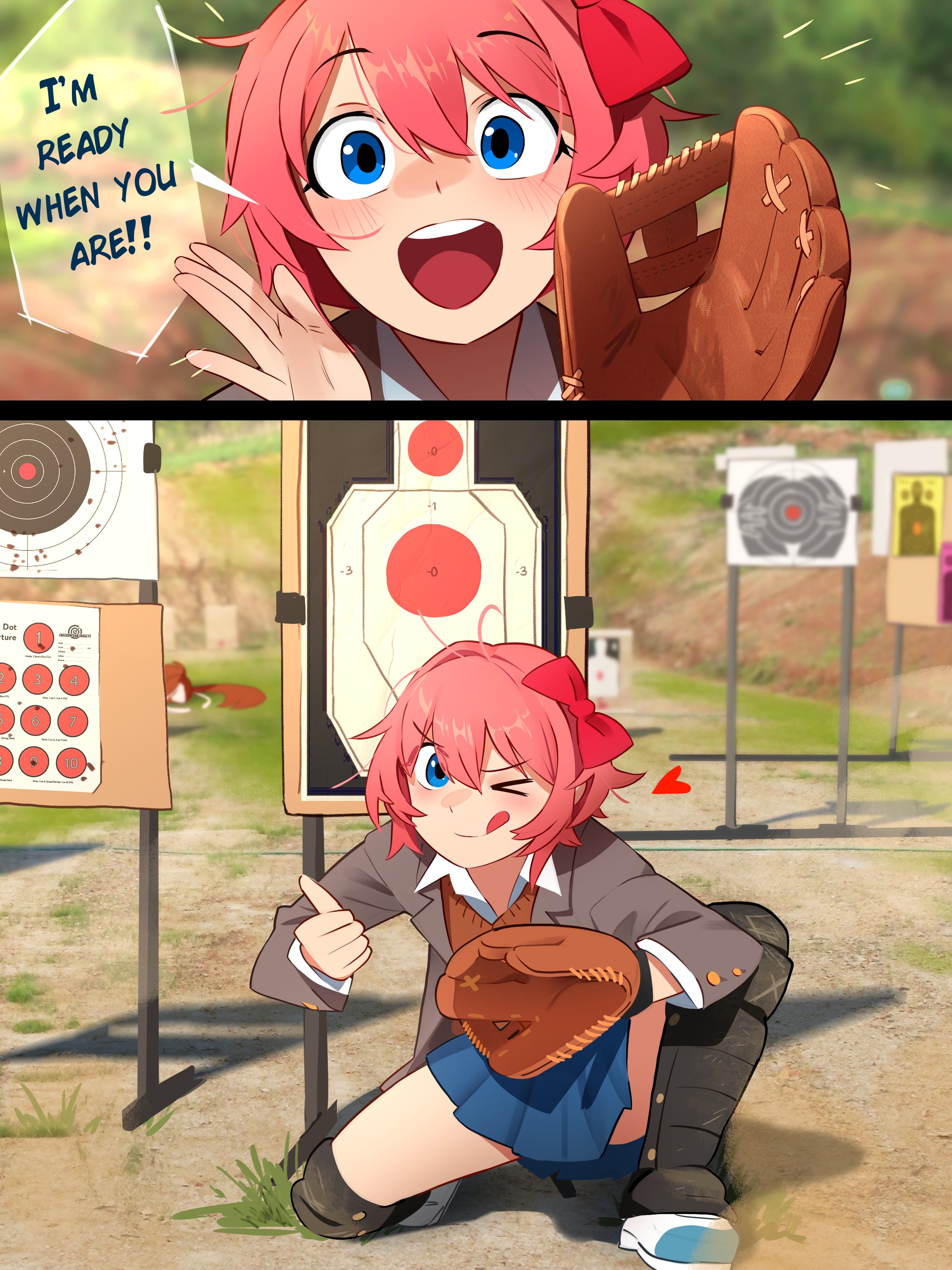 khyle., sayori (doki doki literature club), doki doki literature club, absurdres, highres, 1girl, blue eyes, bow, doki doki literature club school uniform, english text, hair bow, pink hair, red bow, ribbon, school uniform, short hair, smile