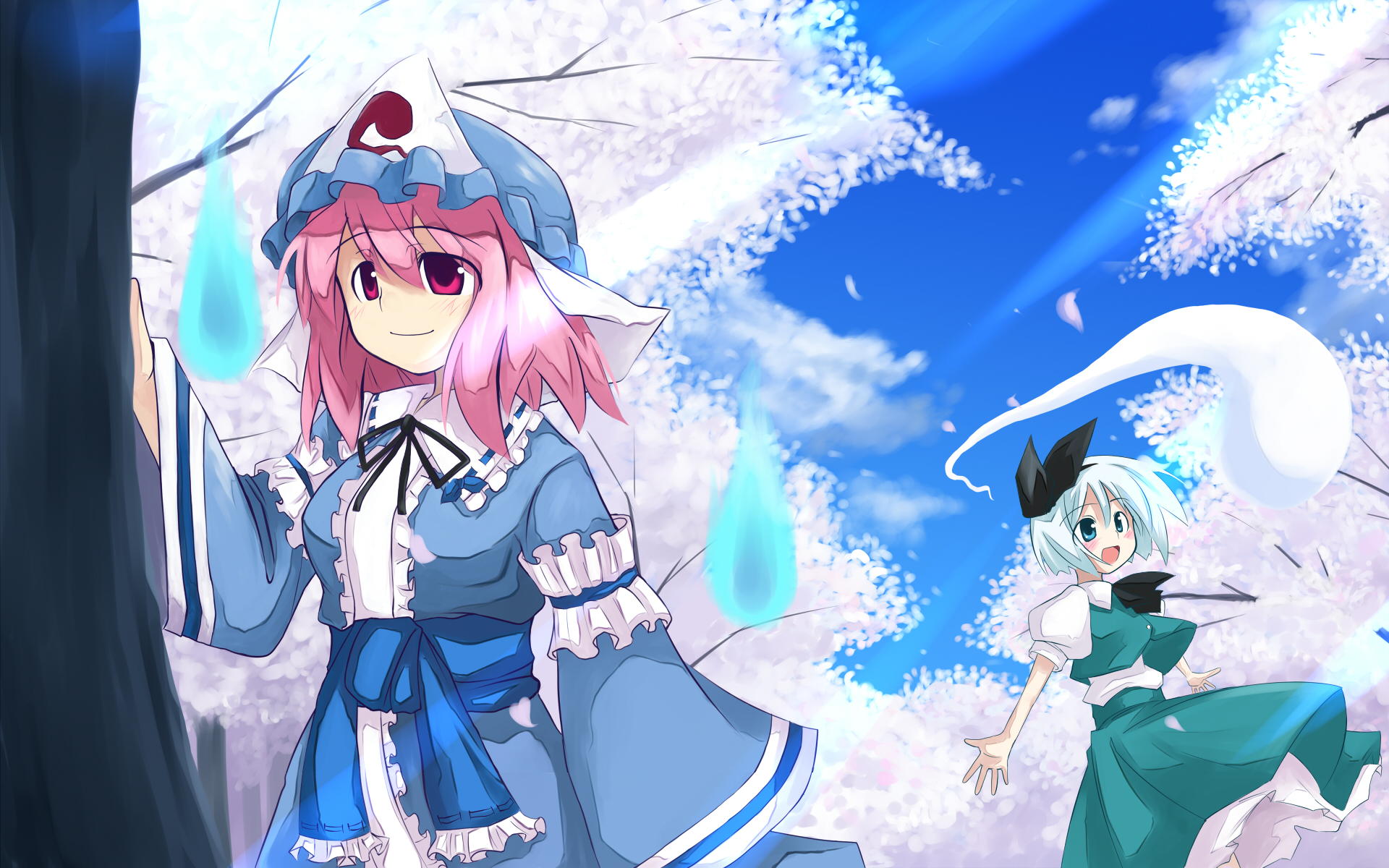 cosi fan tutte, kjm (pixiv), konpaku youmu, konpaku youmu (ghost), saigyouji yuyuko, touhou, silver hair, highres, 2girls, female focus, ghost, hat, hitodama, multiple girls, petals, pink hair, ribbon, short hair, spring (season), tree