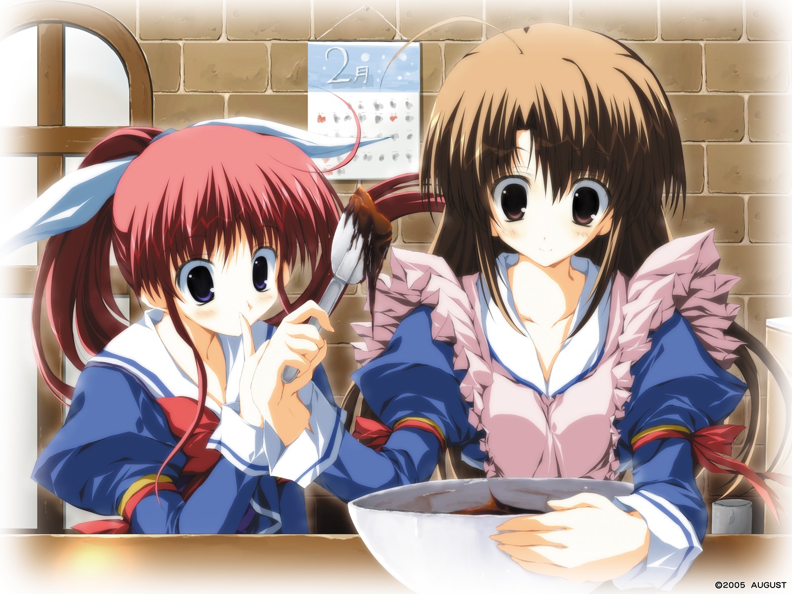 tsukinon, amagasaki mikoto, fujieda honami, tsuki wa higashi ni hi wa nishi ni, highres, 00s, 2girls, apron, blue eyes, bowl, brown eyes, brown hair, chocolate, chocolate making, cooking, juliet sleeves, long hair, long sleeves, mixing bowl, multiple girls, ponytail, puffy sleeves, red hair, school uniform, serafuku, spatula, valentine