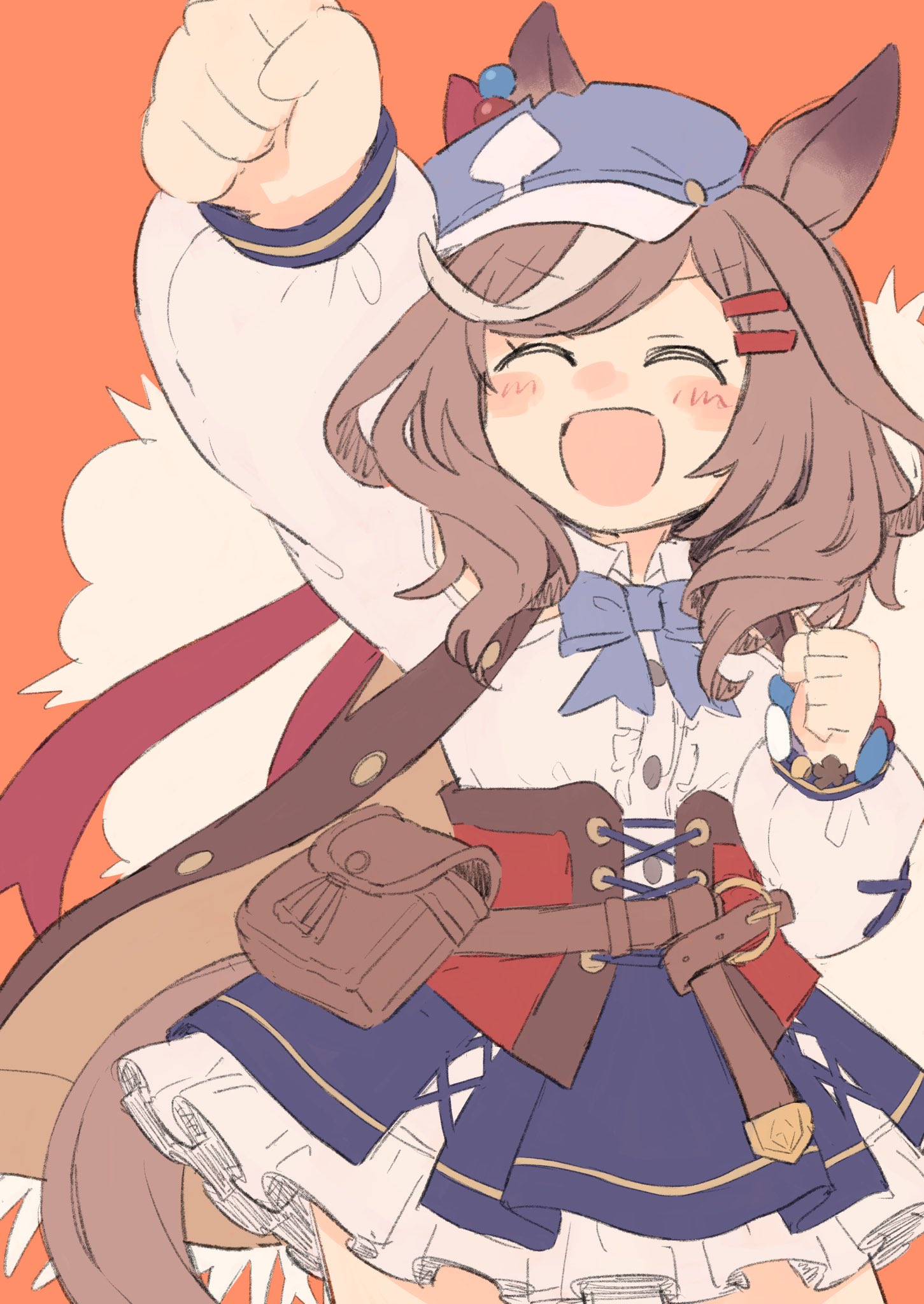 matikanetannhauser (panpaka tiltott) (umamusume), matikanetannhauser (umamusume), umamusume, commentary request, highres, 1girl, :d, ^ ^, animal ears, arm up, blue bow, blue bowtie, blue hat, blue skirt, bow, bowtie, bracelet, brown hair, clenched hands, closed eyes, collared shirt, cowboy shot, hair ornament, hairclip, hat, horse ears, horse girl, horse tail, jewelry, multicolored hair, open mouth, orange background, org knight, shirt, skirt, smile, solo, streaked hair, tail, white shirt