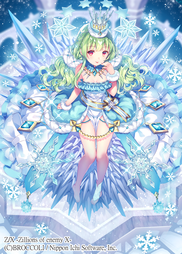 wasabi (sekai), z/x, official art, 1girl, aqua dress, bare shoulders, breasts, closed mouth, copyright notice, crown, dress, frilled dress, frills, from above, fur-trimmed wristband, green hair, hair ornament, low twintails, princess dress, red eyes, shitorii nina, small breasts, snowflakes, sparkle, tongue, tongue out, twintails