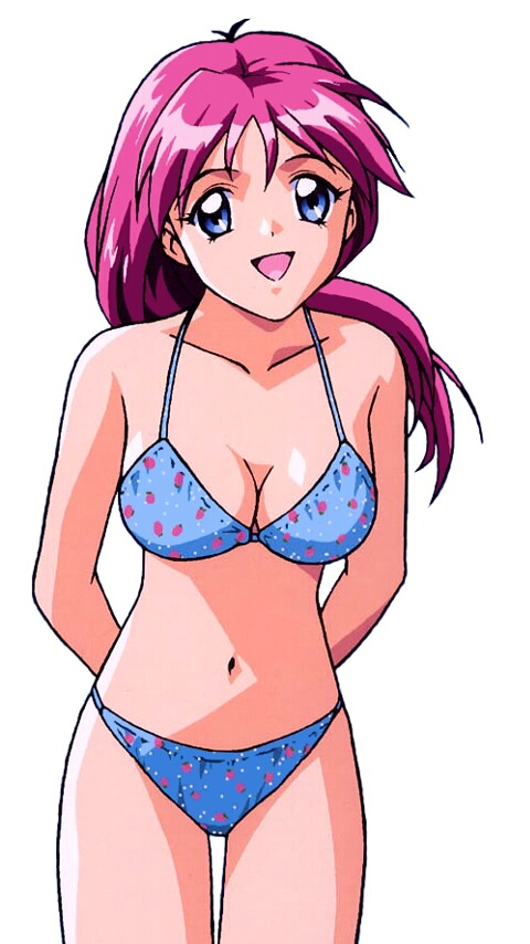 shirayuki maho, konami, tokimeki memorial, tokimeki memorial 2, 1girl, bent over, bikini, blue bikini, blue eyes, female focus, long hair, pink hair, solo, swimsuit