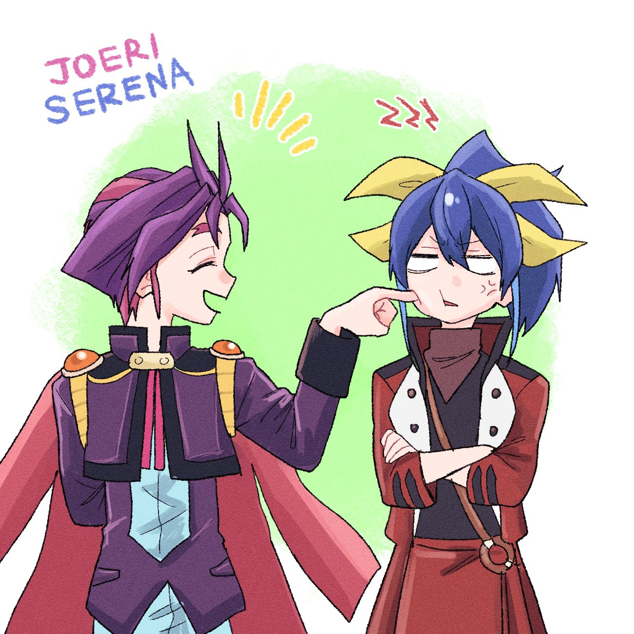 joeri (yu-gi-oh!), serena (yu-gi-oh!), yu-gi-oh!, yu-gi-oh! arc-v, highres, 1boy, 1girl, anger vein, arm behind back, blank eyes, blue hair, cape, character name, cheek poking, closed eyes, crossed arms, duel academy uniform (yu-gi-oh! arc-v), jacket, joeser091, multicolored hair, open clothes, open jacket, open mouth, pink hair, poking, ponytail, purple hair, purple jacket, red jacket, short hair, two-tone hair