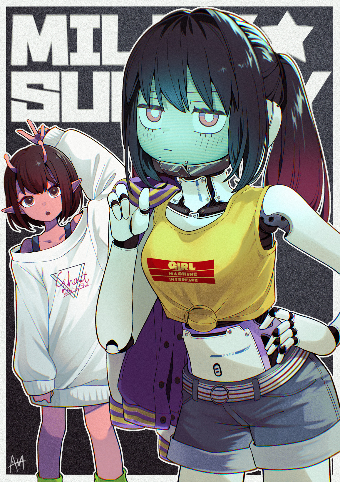 sato (r017xts117), kujo chiharu, kurusu makina (milky galactic universe), milky galactic universe, milky subway, highres, 2girls, alien, android, antennae, arm up, black hair, blush, bra strap, brown hair, collarbone, colored skin, copyright name, denim, denim shorts, green socks, hand on own hip, holding, holding jacket, holding unworn clothes, jacket, jacket over shoulder, letterman jacket, mechanical arms, mechanical hands, mechanical neck, multiple girls, off-shoulder sweater, off shoulder, pointy ears, red eyes, red skin, robot girl, shirt, short hair, shorts, sleeveless, sleeveless shirt, socks, sweater, tied shirt, twintails, unworn jacket, v, white sweater, yellow shirt