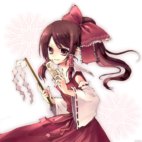sakura shiori, shiori (pixiv), hakurei reimu, imperishable night, touhou, 1girl, female focus, gohei, gradient background, japanese clothes, miko, ribbon, skirt, solo, white background