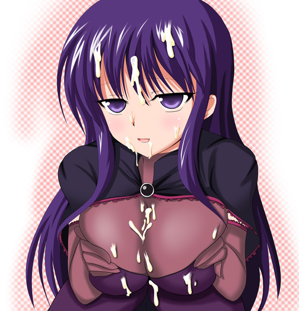 haruto, tsukudani shirou, malariya, quiz magic academy, source request, 1girl, breasts, breasts squeezed together, cum, cum on body, cum on breasts, cum on clothes, cum on hair, cum on upper body, facial, female focus, large breasts, long hair, purple eyes, purple hair, solo