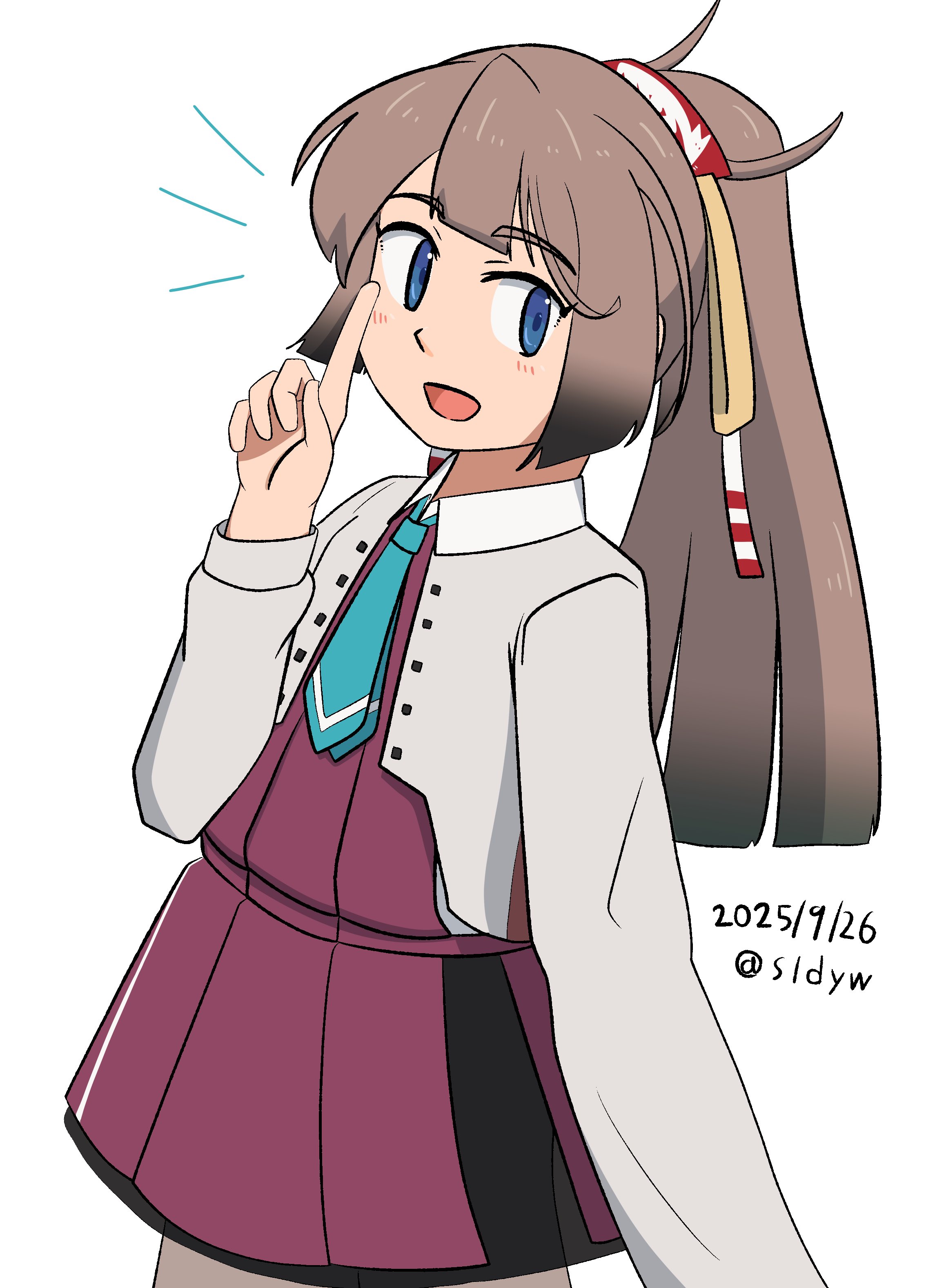 kazagumo (kancolle), kazagumo kai ni (kancolle), kantai collection, absurdres, highres, 1girl, aqua necktie, blazer, blue eyes, brown hair, dated, gradient hair, grey jacket, index finger raised, jacket, long hair, looking at viewer, multicolored hair, necktie, one-hour drawing challenge, ribbon, simple background, smile, solo, sword (sldyw), twitter username, white background