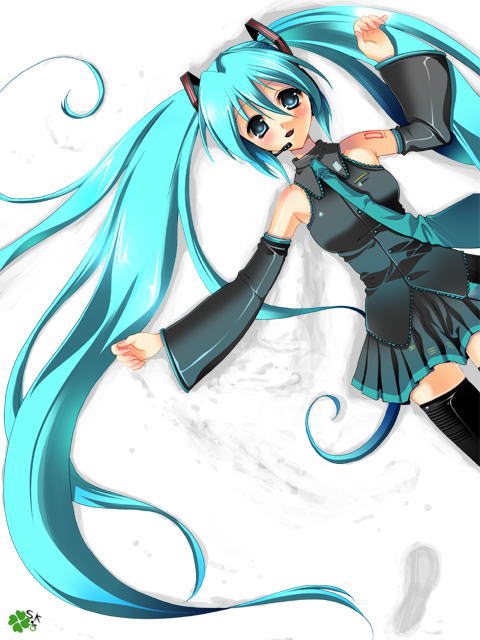 kojima saya, hatsune miku, vocaloid, bad id, bad pixiv id, 1girl, aqua hair, black thighhighs, blue eyes, blush, breasts, detached sleeves, female focus, headset, kojima sha, long hair, lying, necktie, on back, skirt, snow, solo, tattoo, thighhighs, twintails, very long hair, zettai ryouiki