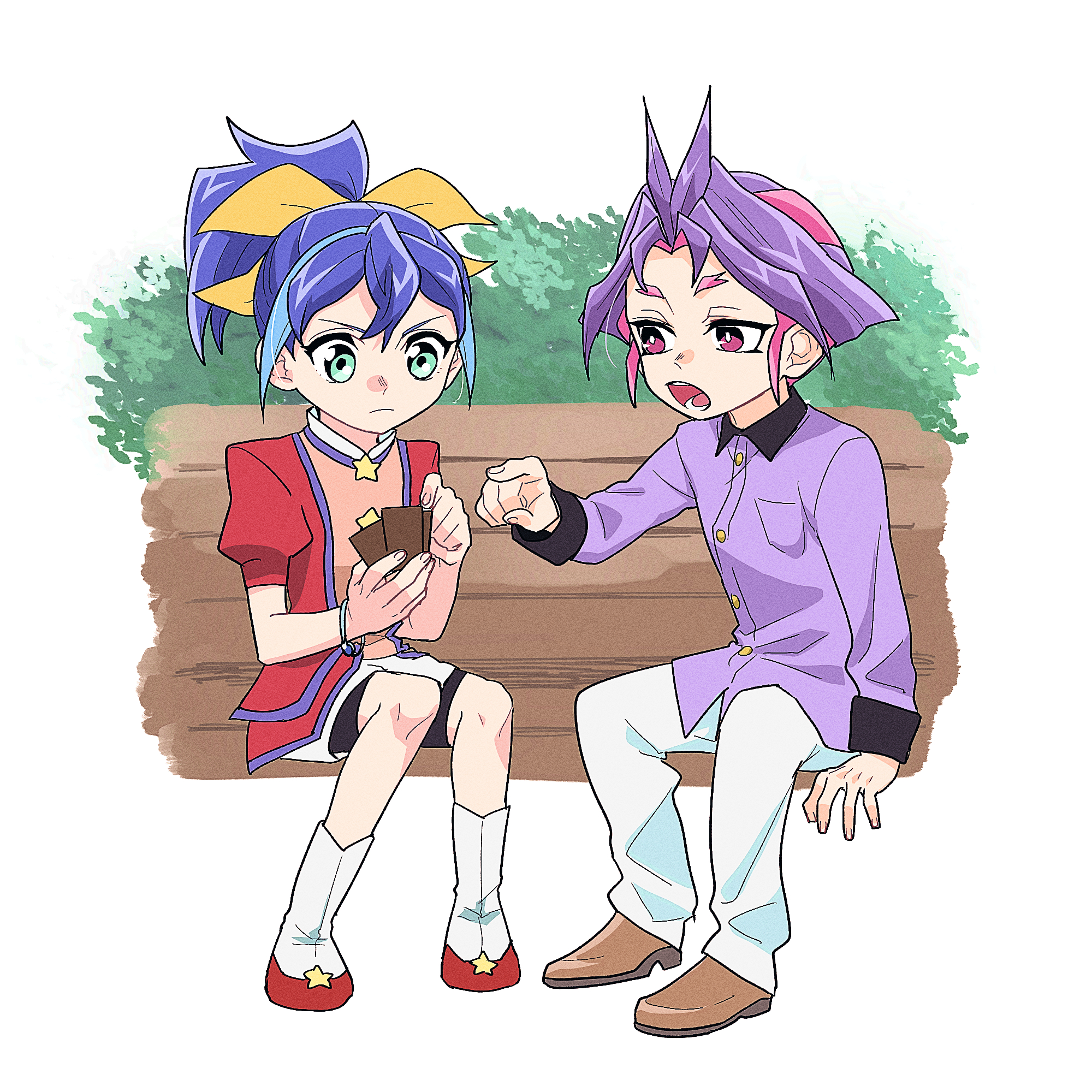 joeri (yu-gi-oh!), serena (yu-gi-oh!), yu-gi-oh!, yu-gi-oh! arc-v, highres, 1boy, 1girl, aged down, bench, black shorts, blue hair, bracelet, card, closed mouth, full body, green eyes, hair ribbon, holding, holding card, jewelry, joeser091, on bench, open mouth, pants, pink hair, ponytail, purple hair, purple shirt, ribbon, shirt, short hair, shorts, sitting, white pants, yellow ribbon
