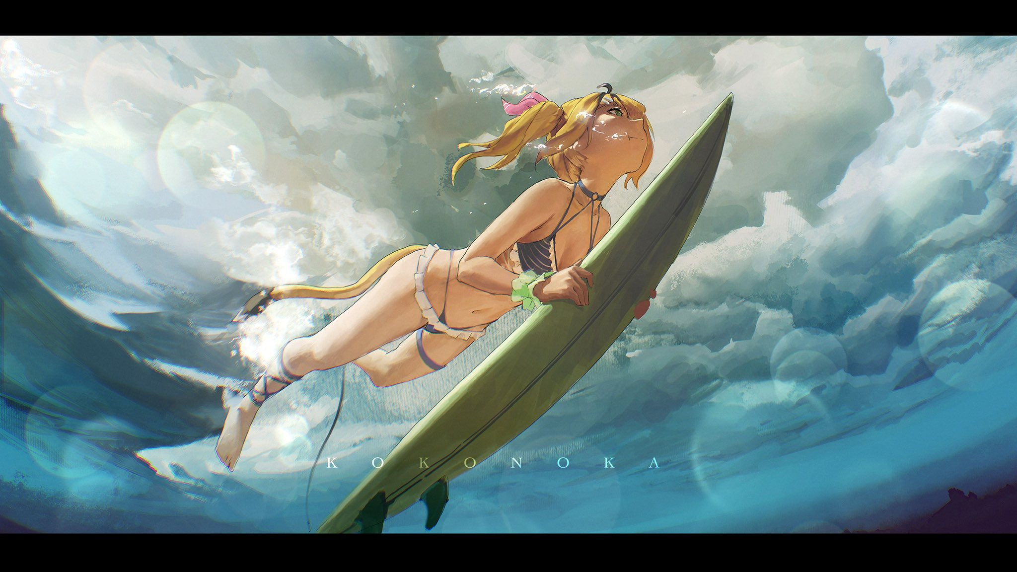 kokono ka, dooby, dooby (summer), indie virtual youtuber, highres, 1girl, :t, ahoge, air bubble, artist name, barefoot, bikini, black hair, blonde hair, blue bikini, blue choker, breasts, bubble, choker, closed mouth, feet, green eyes, highleg, highleg bikini, jerboa tail, letterboxed, medium breasts, multicolored hair, navel, o-ring, o-ring choker, side ponytail, solo, streaked hair, string bikini, striped bikini, striped clothes, submerged, surfboard, swimsuit, thigh strap, toes, underwater, virtual youtuber