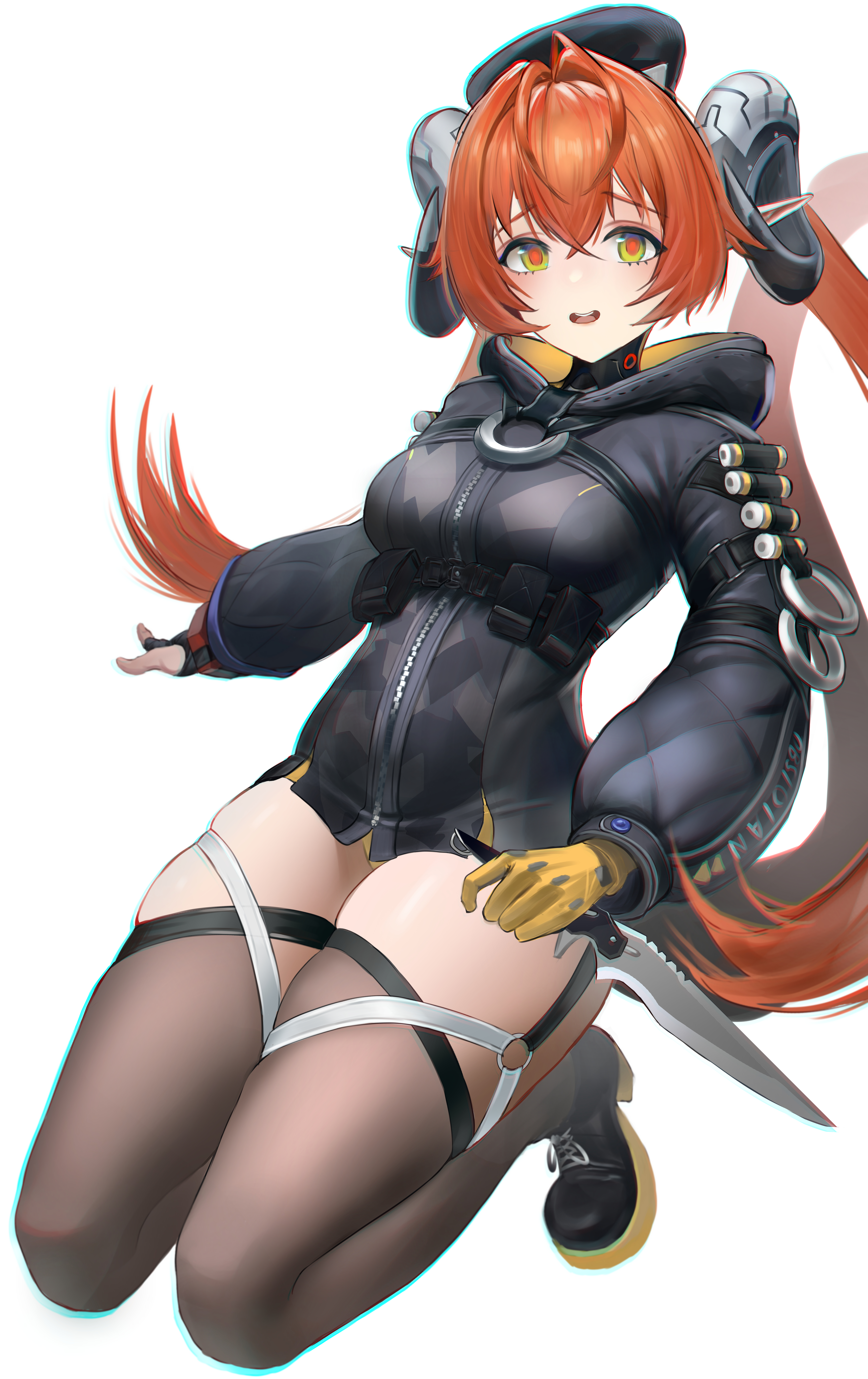 bbgg (pixiv 77795272), orphie magnusson, zenless zone zero, absurdres, chinese commentary, commentary request, highres, 1girl, antenna hair, asymmetrical gloves, beret, black hat, black horns, black jacket, black shoes, black shrug, breasts, brown thighhighs, crossed bangs, curled horns, dagger, dress, fingerless gloves, gloves, green eyes, hair between eyes, hat, holding, holding dagger, holding knife, holding weapon, horns, jacket, kneeling, knife, long hair, long sleeves, looking at viewer, mechanical horns, medium breasts, mismatched gloves, multicolored shoes, open mouth, orange hair, pointy ears, puffy long sleeves, puffy sleeves, red pupils, shoes, shrug (clothing), sidelocks, simple background, single fingerless glove, sitting, teeth, thick thighs, thighhighs, thighs, twintails, two-tone shoes, upper teeth only, weapon, white background, wide hips, yellow gloves, yellow shoes, zipper, zipper dress