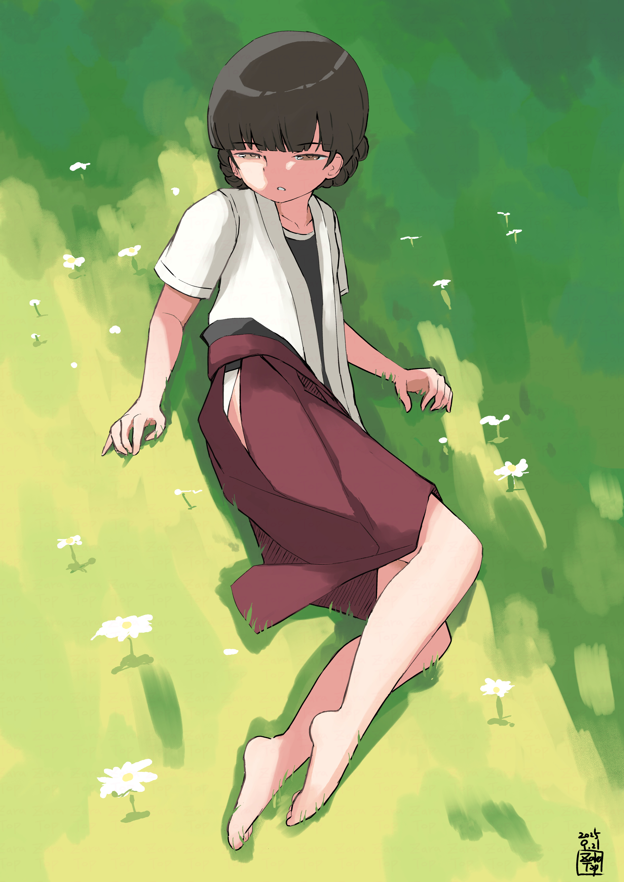 toplow, yawata maru (kancolle), kantai collection, absurdres, highres, 1girl, barefoot, black eyes, black shirt, blunt bangs, brown eyes, brown hakama, dougi, full body, grass, hakama, hakama skirt, japanese clothes, kimono, lying, on side, open clothes, open kimono, shirt, skirt, solo, white kimono