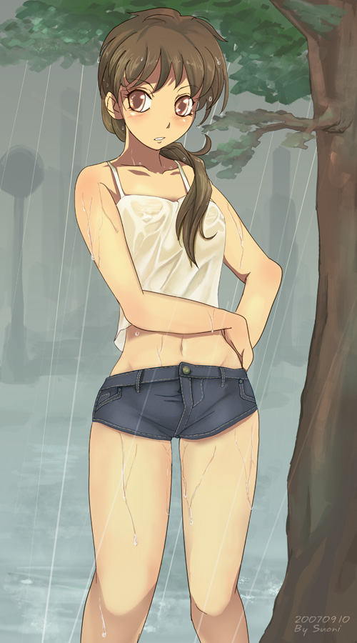 suoni (deeperocean), original, 1girl, blush, brown eyes, brown hair, camisole, denim, denim shorts, female focus, long hair, midriff, rain, shorts, solo, thighs, wet, wet clothes