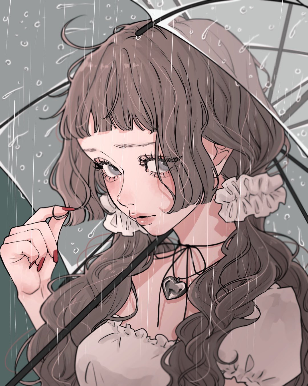 tamori (tamori www), original, highres, 1girl, aegyo sal, blurry, blurry background, choker, cord choker, depth of field, dress, eyelashes, fingernails, frilled dress, frills, frown, grey hair, hair ornament, hair over breasts, hair over shoulder, hair scrunchie, heart, heart necklace, hime cut, jewelry, long fingernails, looking at viewer, low twintails, nail polish, necklace, outdoors, portrait, puffy short sleeves, puffy sleeves, rain, red nails, ribbon choker, sad, scrunchie, short bangs, short sleeves, transparent, transparent umbrella, twintails, twirling hair, umbrella, water drop, wavy hair, white dress, white scrunchie