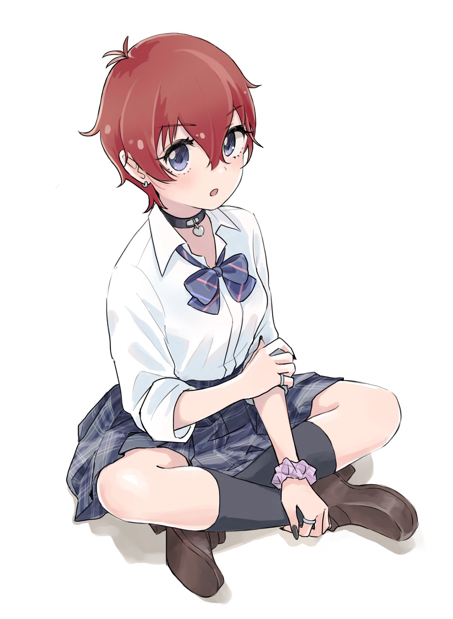 pomikoroonigiri, julia (idolmaster), idolmaster, idolmaster million live!, idolmaster million live! theater days, commentary, highres, 1girl, :o, black choker, black nails, black socks, blue eyes, bow, bowtie, brown shoes, choker, concept gyarus (idolmaster), earrings, fingernails, full body, grey skirt, gyaru, heart, heart choker, indian style, jewelry, long fingernails, looking at viewer, loose bowtie, nail polish, official alternate costume, open mouth, plaid clothes, plaid skirt, red hair, ring, scrunchie, shirt, shoes, simple background, sitting, skirt, socks, solo, striped bow, striped bowtie, striped clothes, white background, white shirt, wrist scrunchie