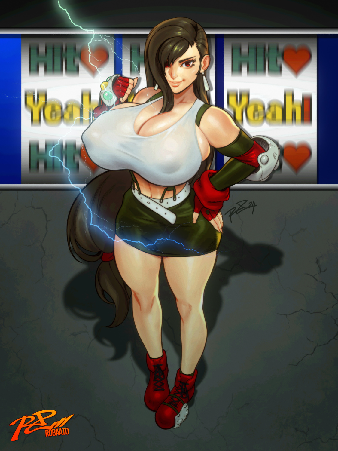 robaato, tifa lockhart, final fantasy, final fantasy vii, highres, belt, black hair, black skirt, breasts, cleavage, covered erect nipples, earrings, hair over one eye, hair tie, huge breasts, jewelry, lips, long hair, midriff, miniskirt, red eyes, shoes, skirt, slot machine, smile, sneakers, tank top, very long hair, white belt, white tank top