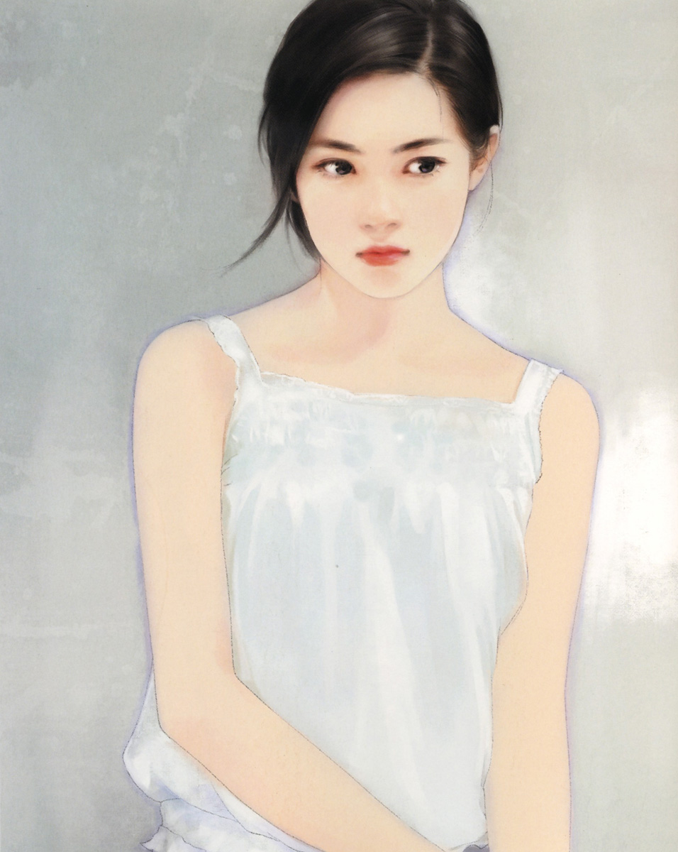 chen shu fen, highres, black eyes, black hair, dress, grey background, realistic, short hair, sleeveless, solo