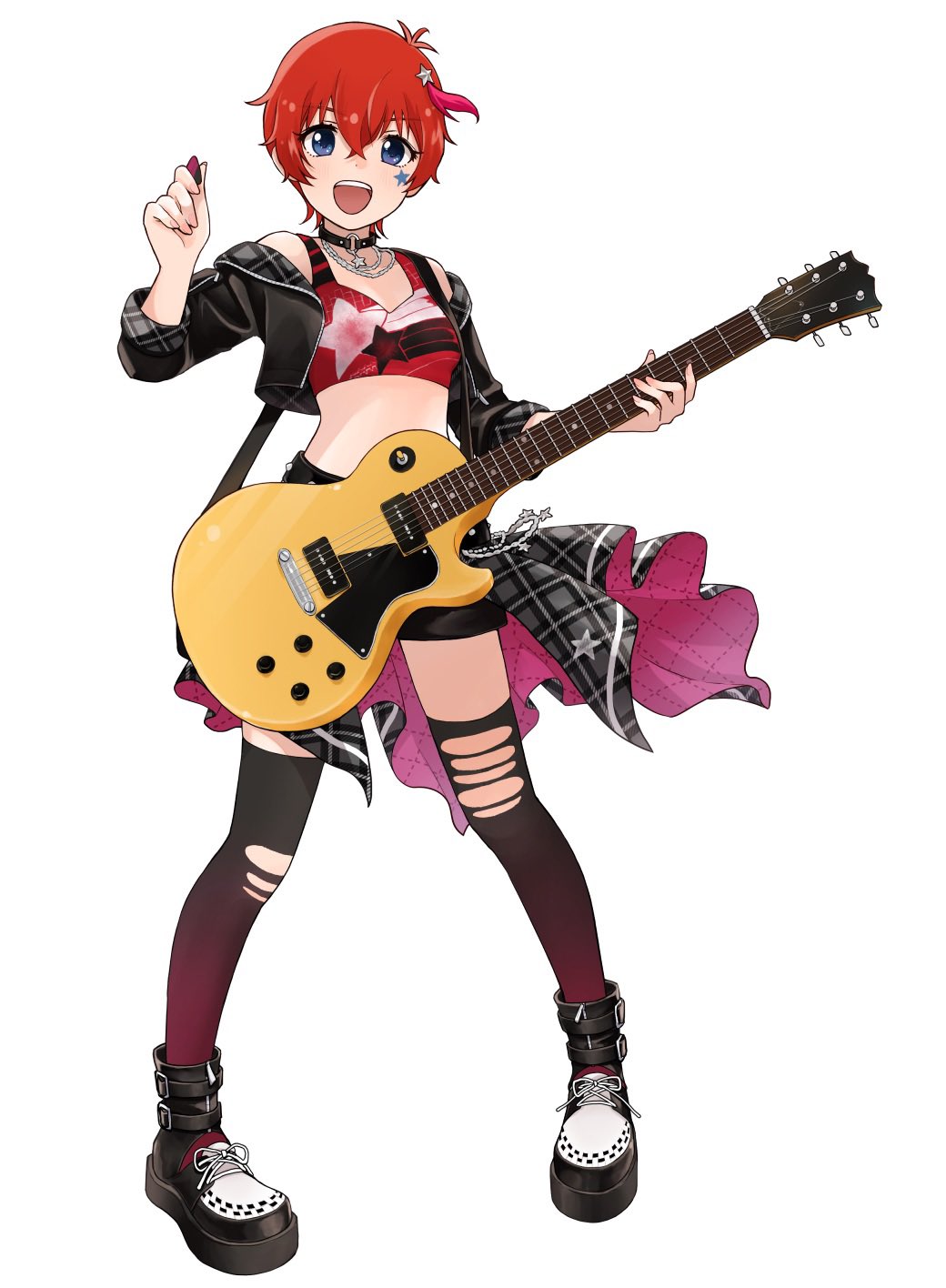 pomikoroonigiri, julia (idolmaster), idolmaster, idolmaster million live!, idolmaster million live! theater days, highres, 1girl, :d, black choker, black jacket, black shorts, blue eyes, choker, crop top, cropped jacket, electric guitar, facial mark, fingernails, full body, gradient thighhighs, guitar, hair ornament, holding, holding guitar, holding instrument, holding plectrum, instrument, jacket, julia (meteor bright star) (idolmaster), looking at viewer, midriff, o-ring, o-ring choker, official alternate costume, open clothes, open jacket, open mouth, plectrum, print tank top, red hair, red tank top, shoes, short hair, shorts, smile, solo, standing, star (symbol), star choker, star facial mark, star hair ornament, star print, tank top, teeth, thighhighs, torn clothes, torn thighhighs, upper teeth only