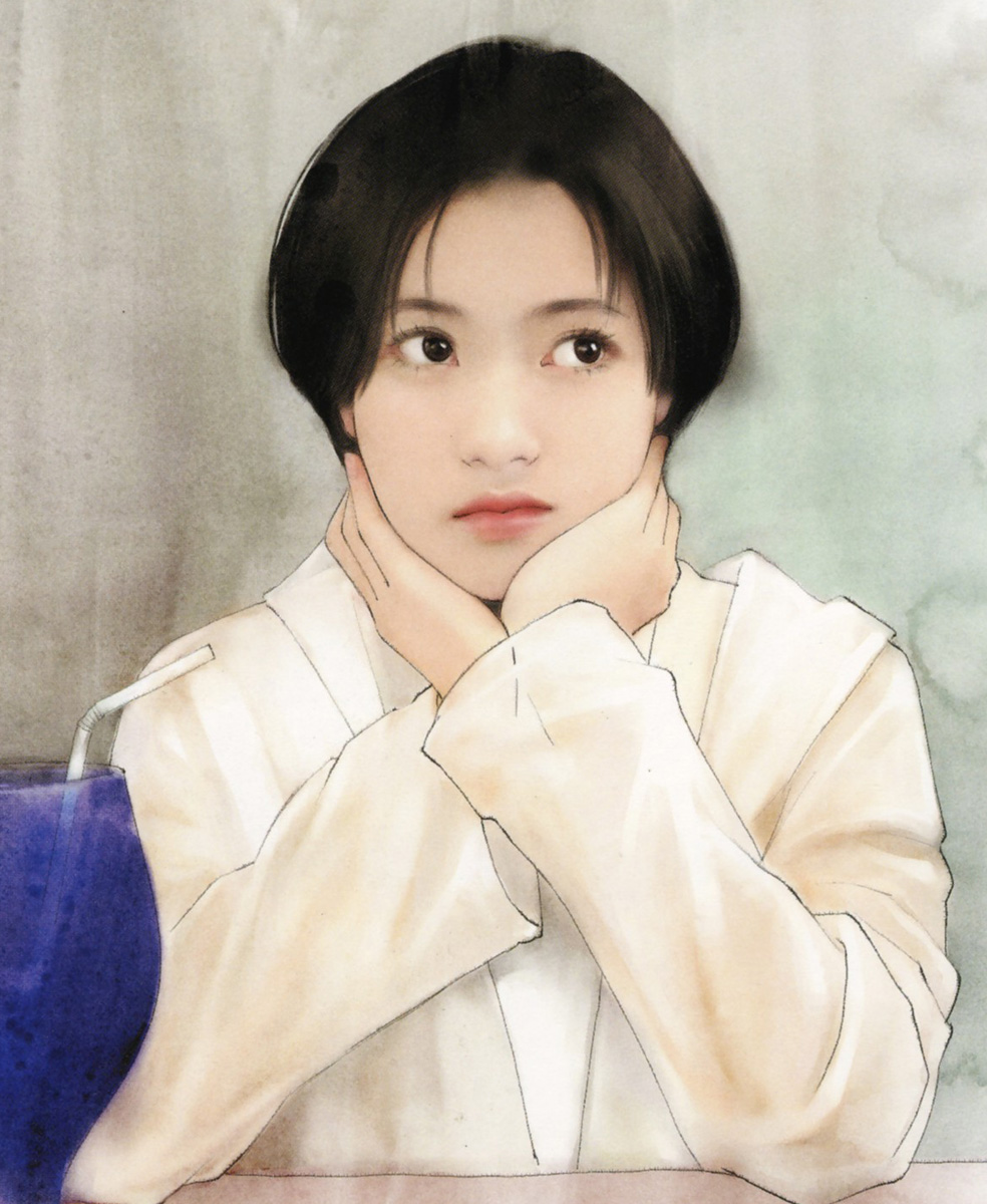 chen shu fen, highres, 1girl, black eyes, black hair, cup, drink, drinking straw, female focus, glass, long sleeves, realistic, short hair, solo