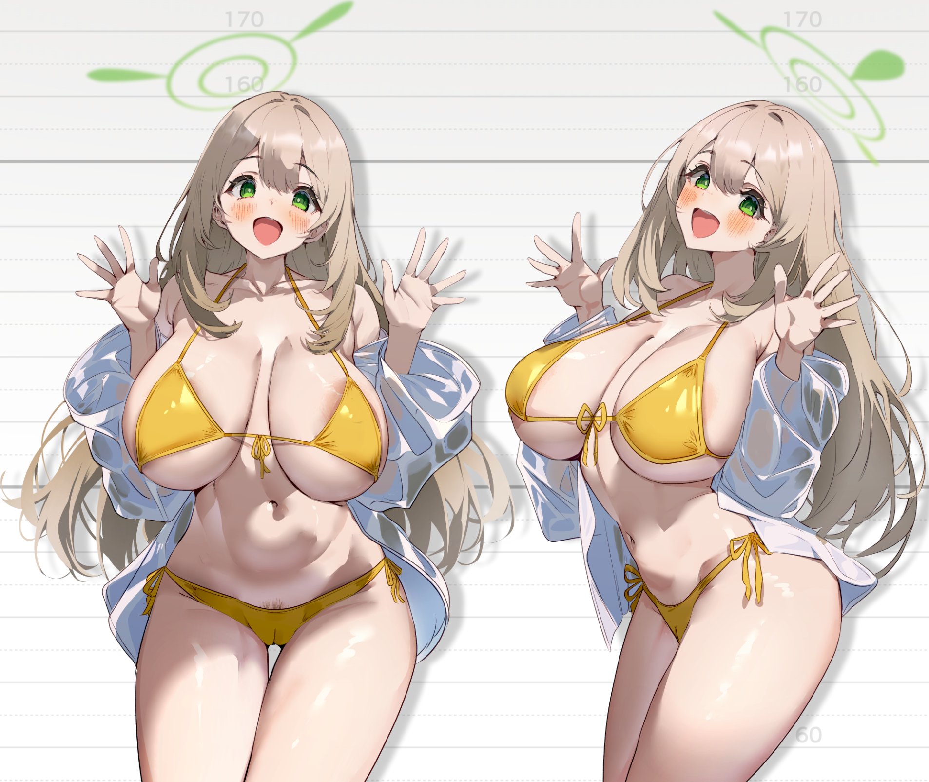 sakusakusakurai, nonomi (blue archive), nonomi (swimsuit) (blue archive), blue archive, highres, 1girl, :d, areola slip, bikini, blush, breasts, brown hair, green halo, halo, huge breasts, long hair, looking at viewer, multiple views, navel, official alternate costume, open clothes, open mouth, open shirt, shirt, side-tie bikini bottom, smile, stomach, swimsuit, white shirt, yellow bikini