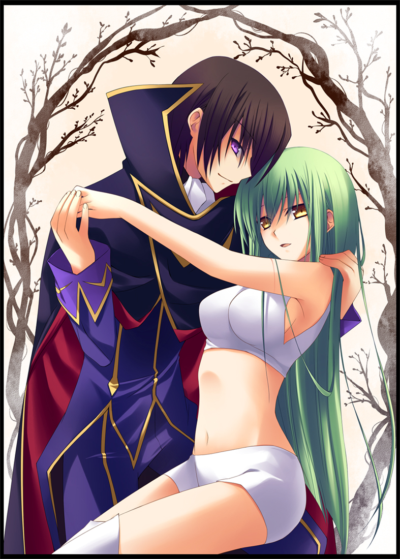 zinno, c.c., lelouch vi britannia, zero (code geass), code geass, 00s, 1boy, 1girl, armpits, black hair, breasts, cape, couple, crop top, green hair, hetero, holding hands, hug, long hair, midriff, navel, purple eyes, short hair, short shorts, shorts, sideboob, smile, thighhighs, tree, very long hair, white thighhighs, yellow eyes