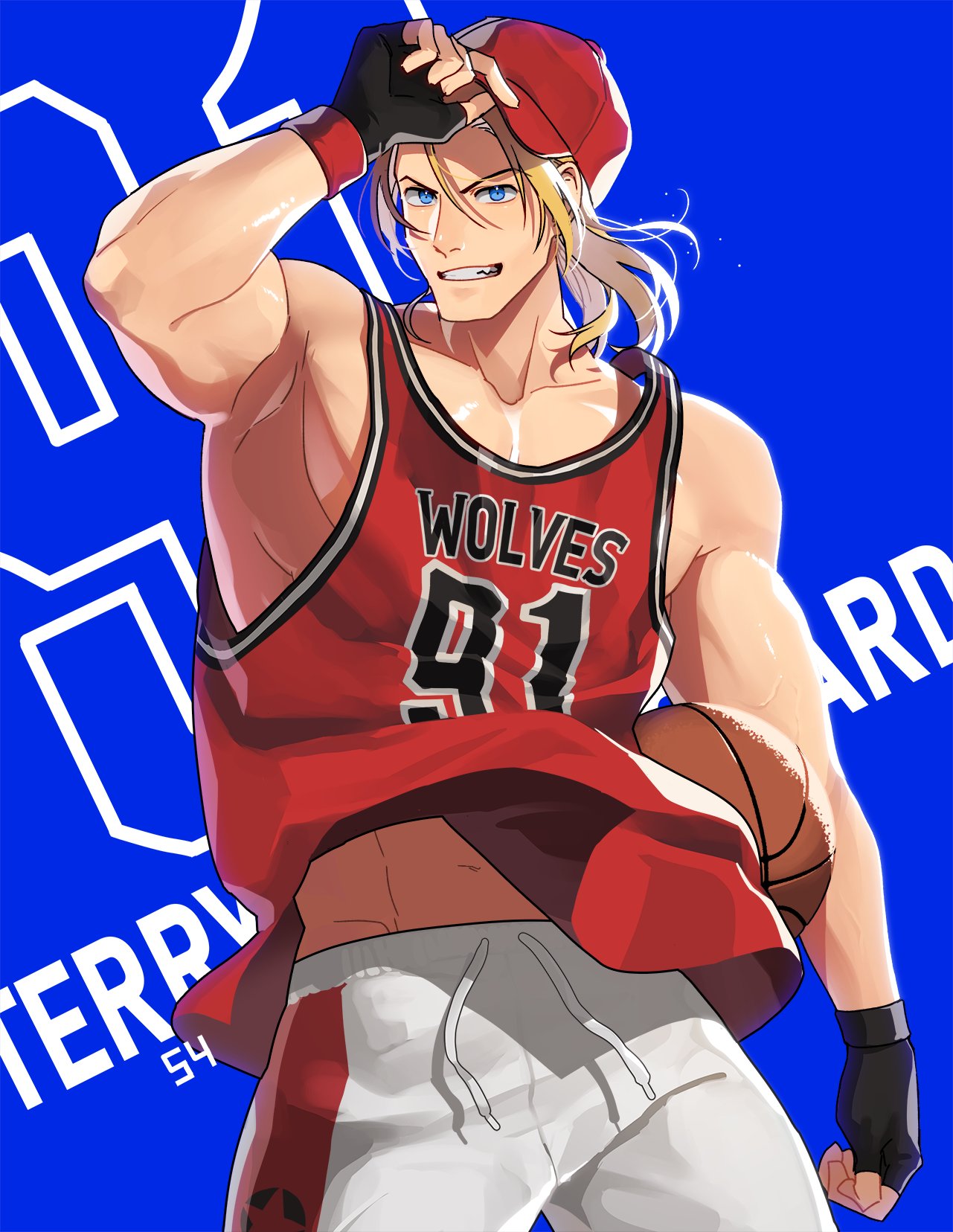 terry bogard, fatal fury, street fighter, street fighter 6, the king of fighters, highres, 1boy, 54 hoshi, ball, baseball cap, basketball (object), basketball jersey, black gloves, blonde hair, blue background, blue eyes, character name, clothes lift, fingerless gloves, gloves, grin, hat, holding, holding ball, long hair, looking at viewer, male focus, midriff peek, muscular, muscular male, official alternate costume, pants, ponytail, red hat, red shirt, removing hat, shirt, shirt lift, smile, solo, sweatpants, white pants