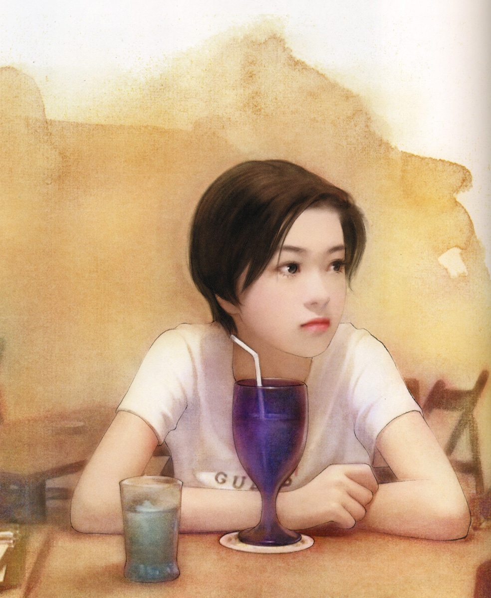 chen shu fen, highres, 1girl, black eyes, brown hair, cup, drink, drinking straw, female focus, glass, realistic, short hair, solo