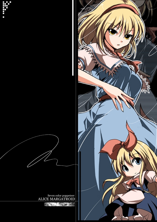 fechirin, alice margatroid, shanghai doll, touhou, 2girls, black background, blonde hair, breasts, doll, female focus, long hair, multiple girls, ribbon, short hair, solo, standing