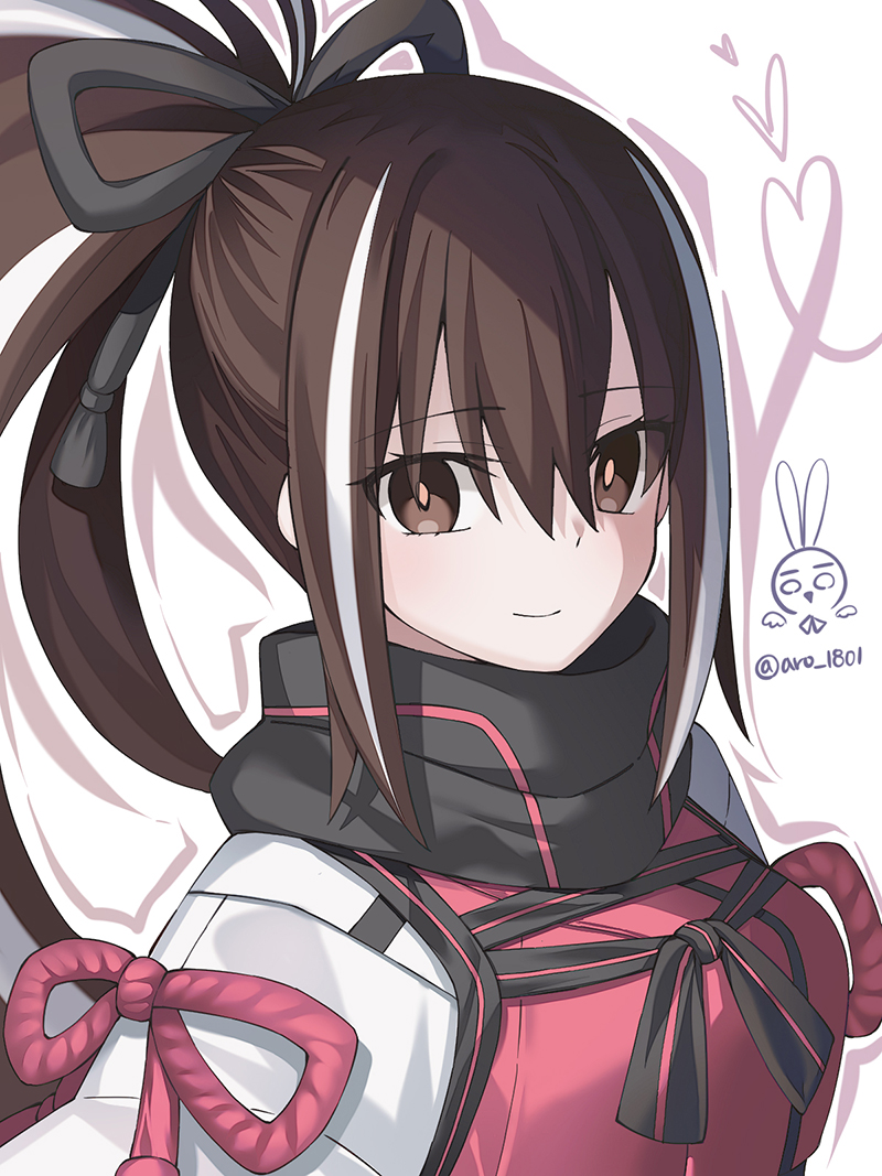 aro 1801, fate/grand order, fate (series), black eyes, black hair, black scarf, heart, japanese clothes, kawakami gensai (fate), light smile, long hair, looking at viewer, ponytail, scarf, solo, twitter username, upper body, white hair